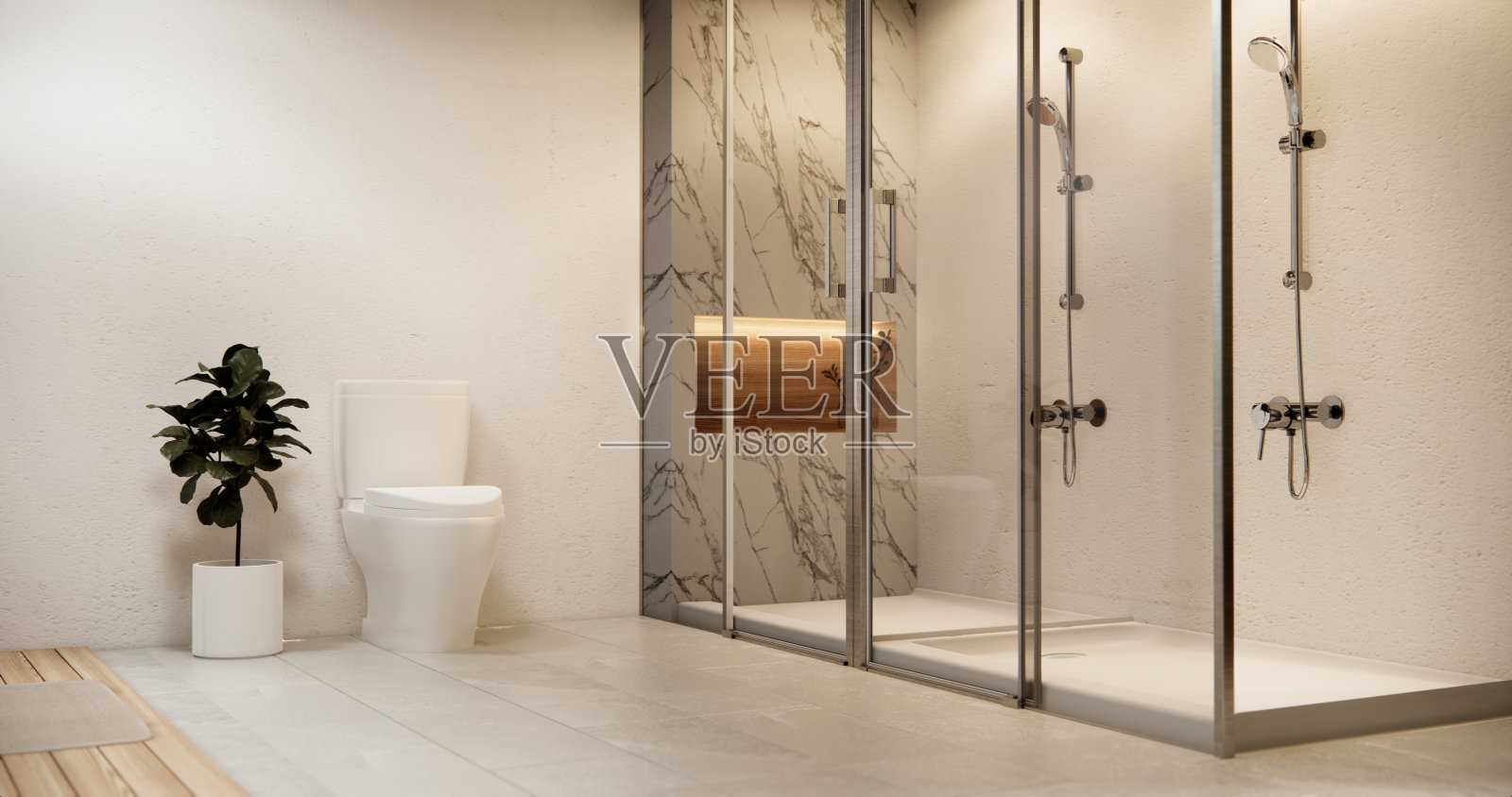 淋浴在白色的浴室现代简约风格。照片摄影图片