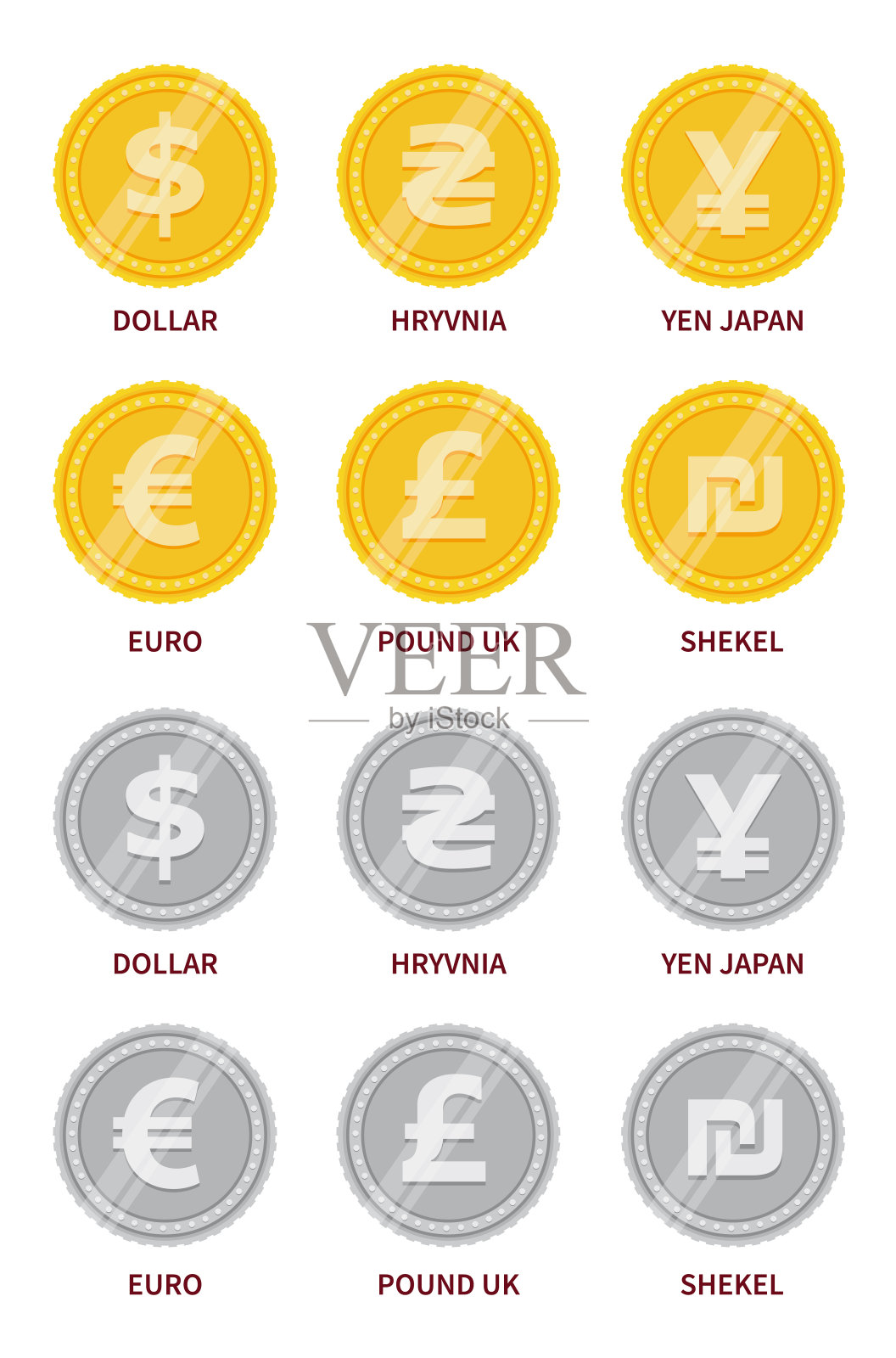 矢量集的货币标志在黄金和白银的颜色插画图片素材