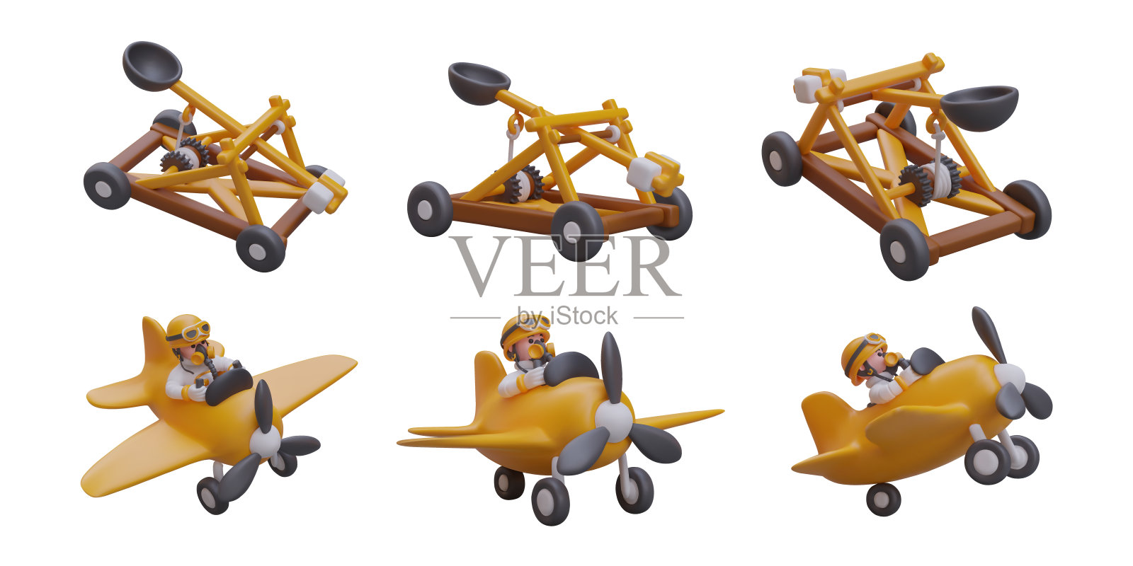 一套现实的弹射器和飞机与飞行员。用于击落空中目标的弩具插画图片素材