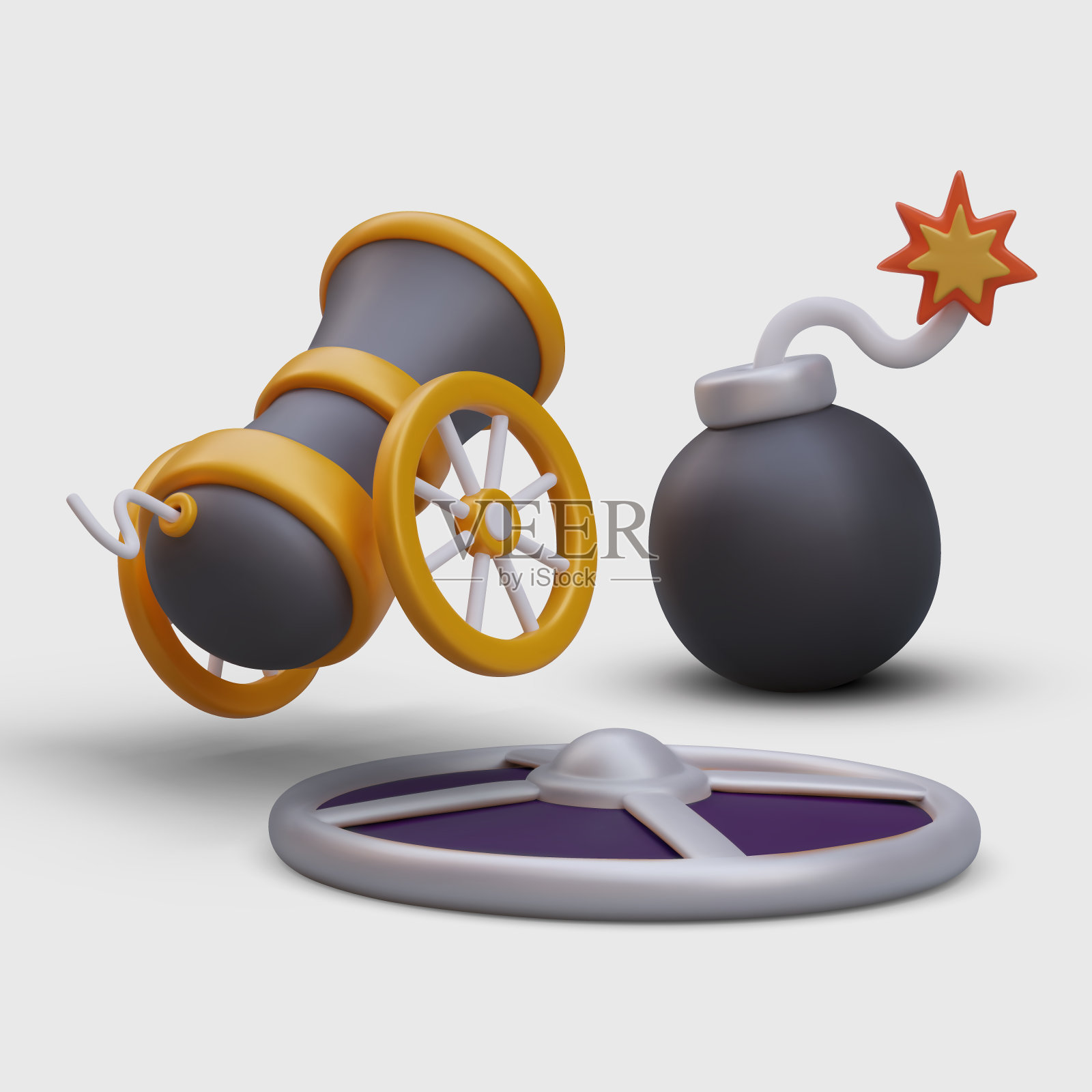 3D轮炮，圆形护盾，带引信的炮弹。向量组成插画图片素材