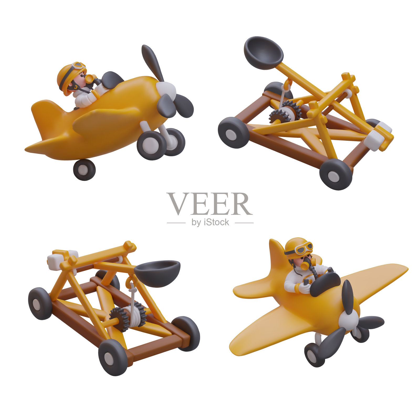 黄色飞机，飞行员戴着头盔和面罩，轮子上有弹射器插画图片素材