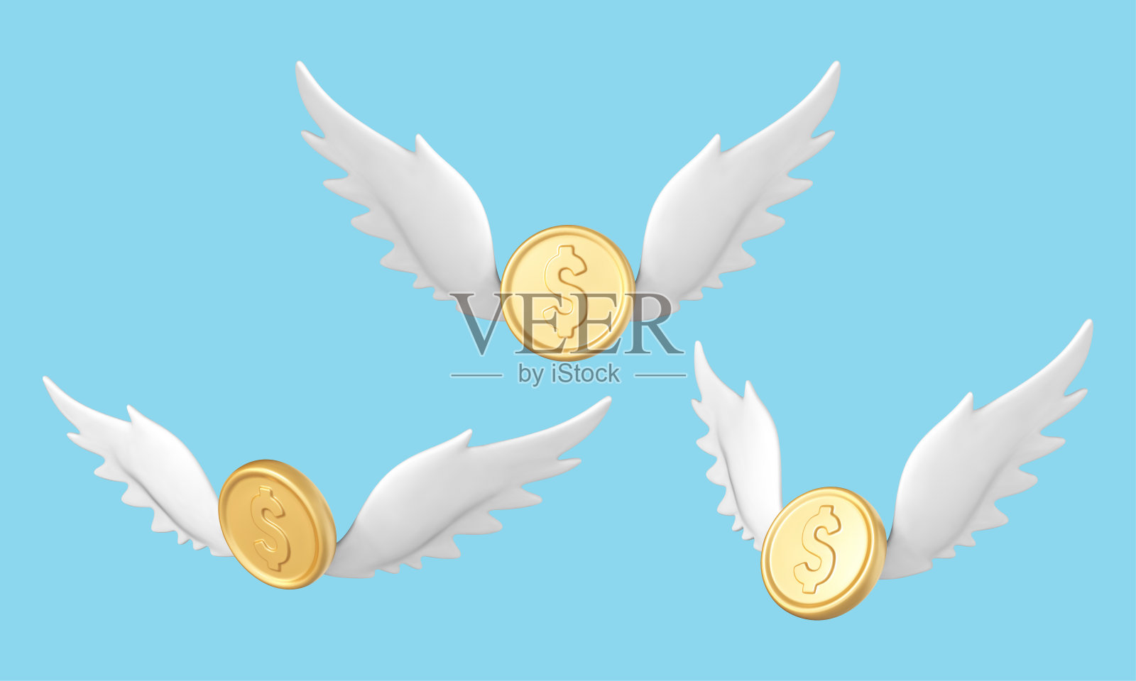 3D飞行的金币与翅膀隔离在蓝色背景。矢量三维插图插画图片素材