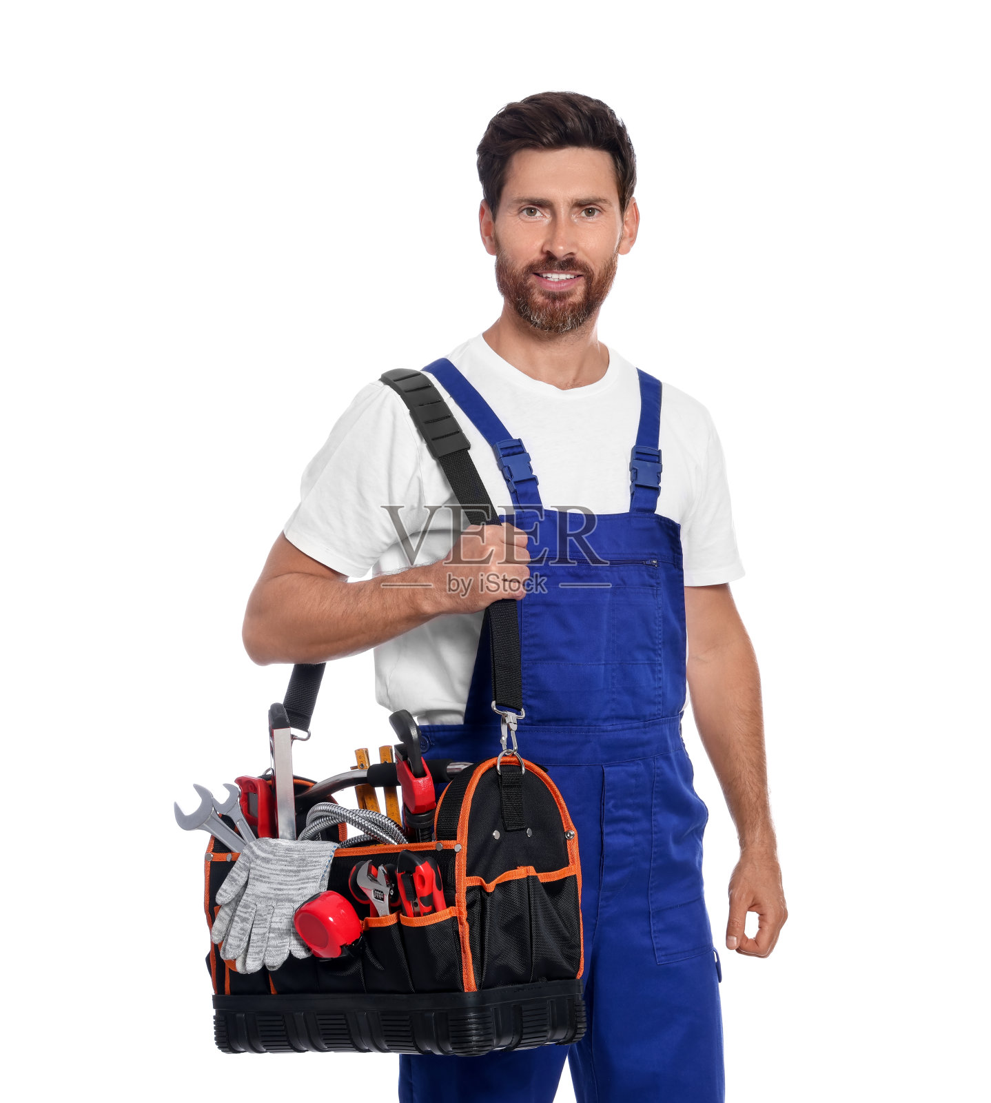 专业水管工，白底工具包照片摄影图片