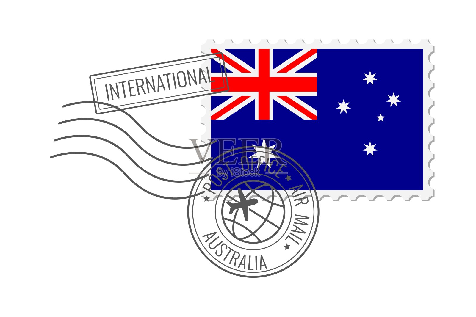 澳大利亚邮票。明信片矢量插图与澳大利亚国旗孤立的白色背景。插画图片素材