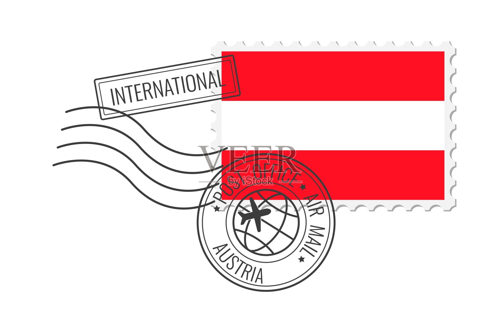 奥地利邮票。明信片矢量插图与奥地利国旗孤立的白色背景。插画图片素材