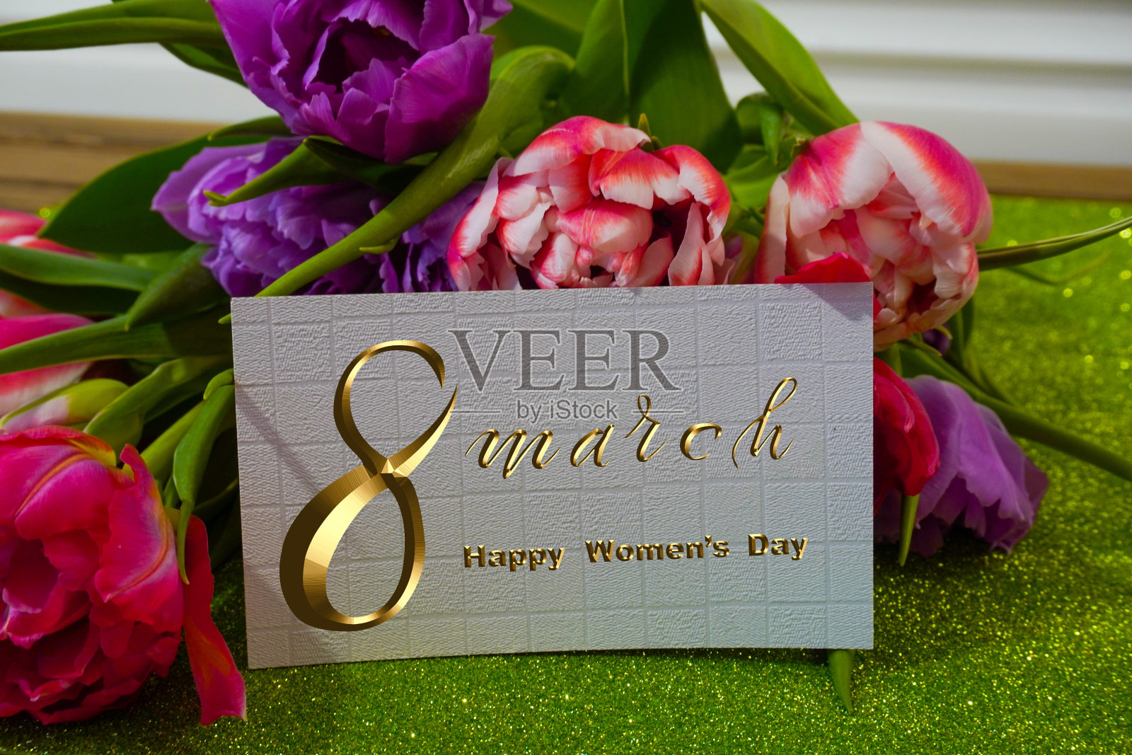 三八国际妇女节!从3月8日起，平铺，横幅，贺卡和鲜花。照片摄影图片