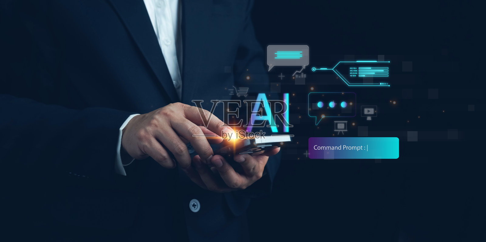 Ai技术，商人展示虚拟图形全球互联网连接聊天与Ai，人工智能。人工智能，使用命令提示符生成一些东西，未来科技转型。照片摄影图片