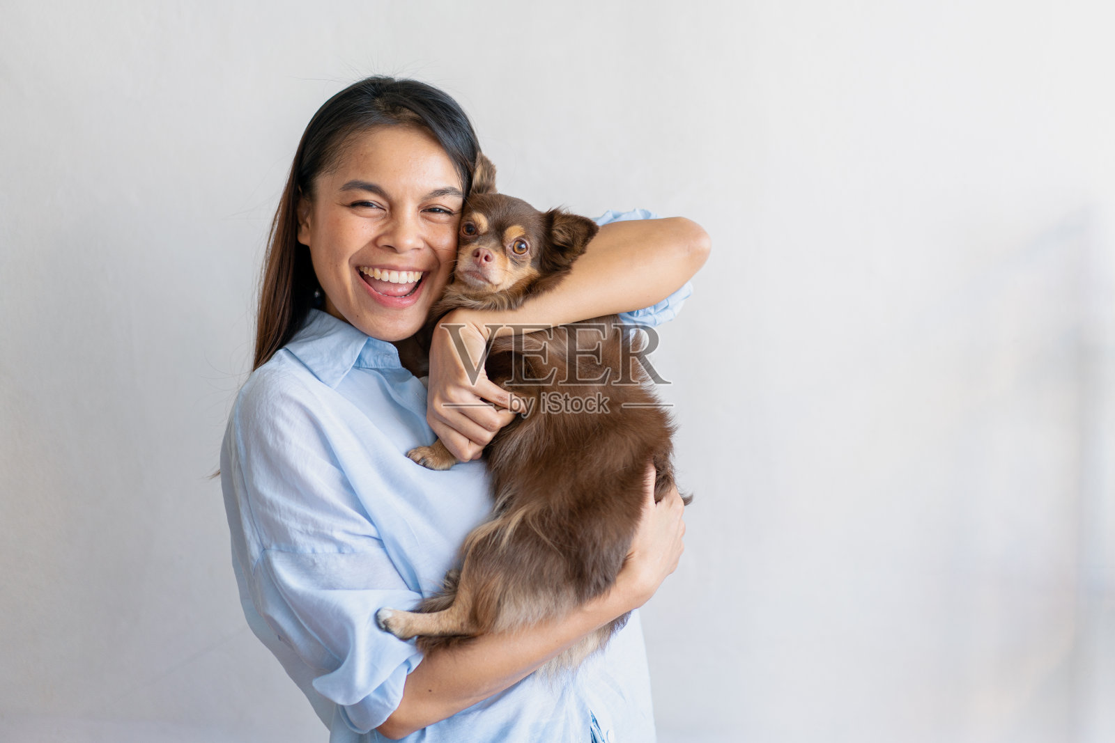 秋天的一天，快乐健康的女人坐在客厅里和可爱的狗狗玩耍，友谊和对宠物的爱。照片摄影图片