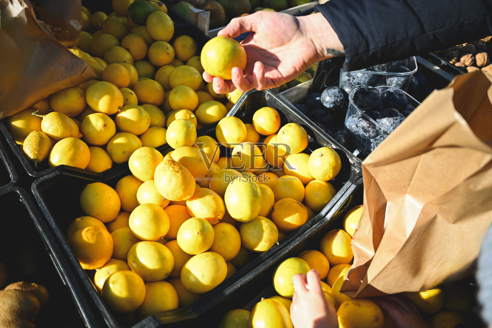 农夫在农贸市场挑选成熟柠檬的手。照片摄影图片