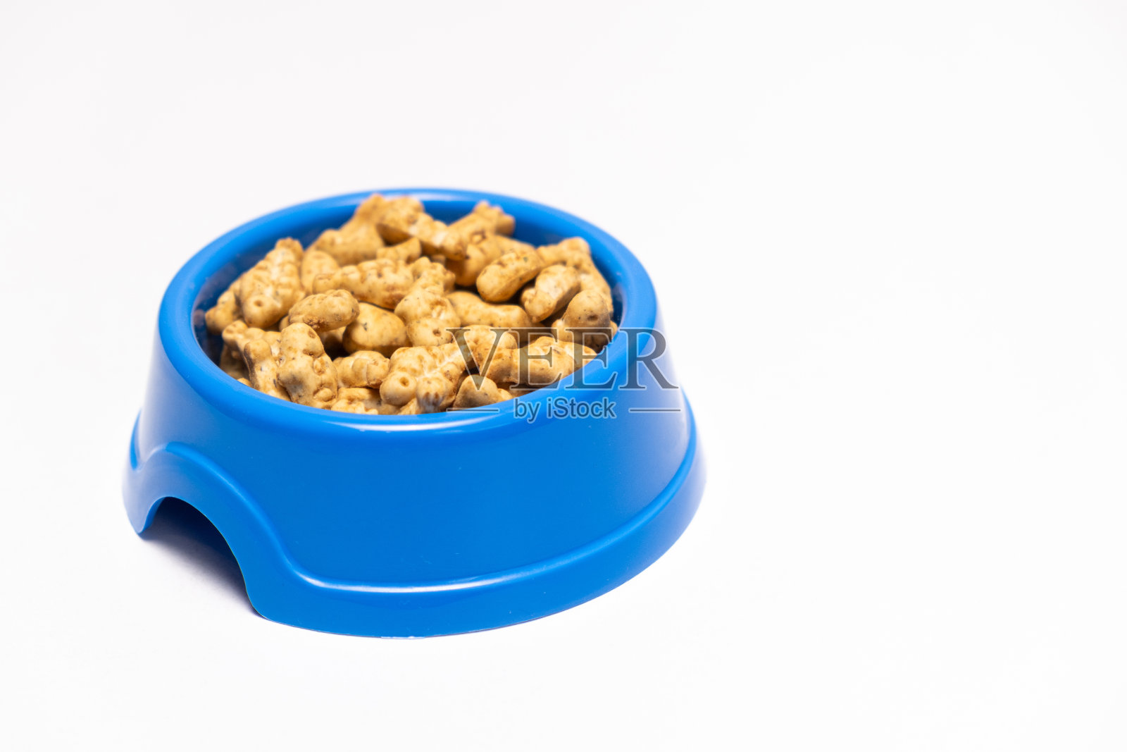 给猫和小猫的礼物是一个鱼形状的猫薄荷饼干，放在一个蓝色的碗里，文字的复制空间。照片摄影图片