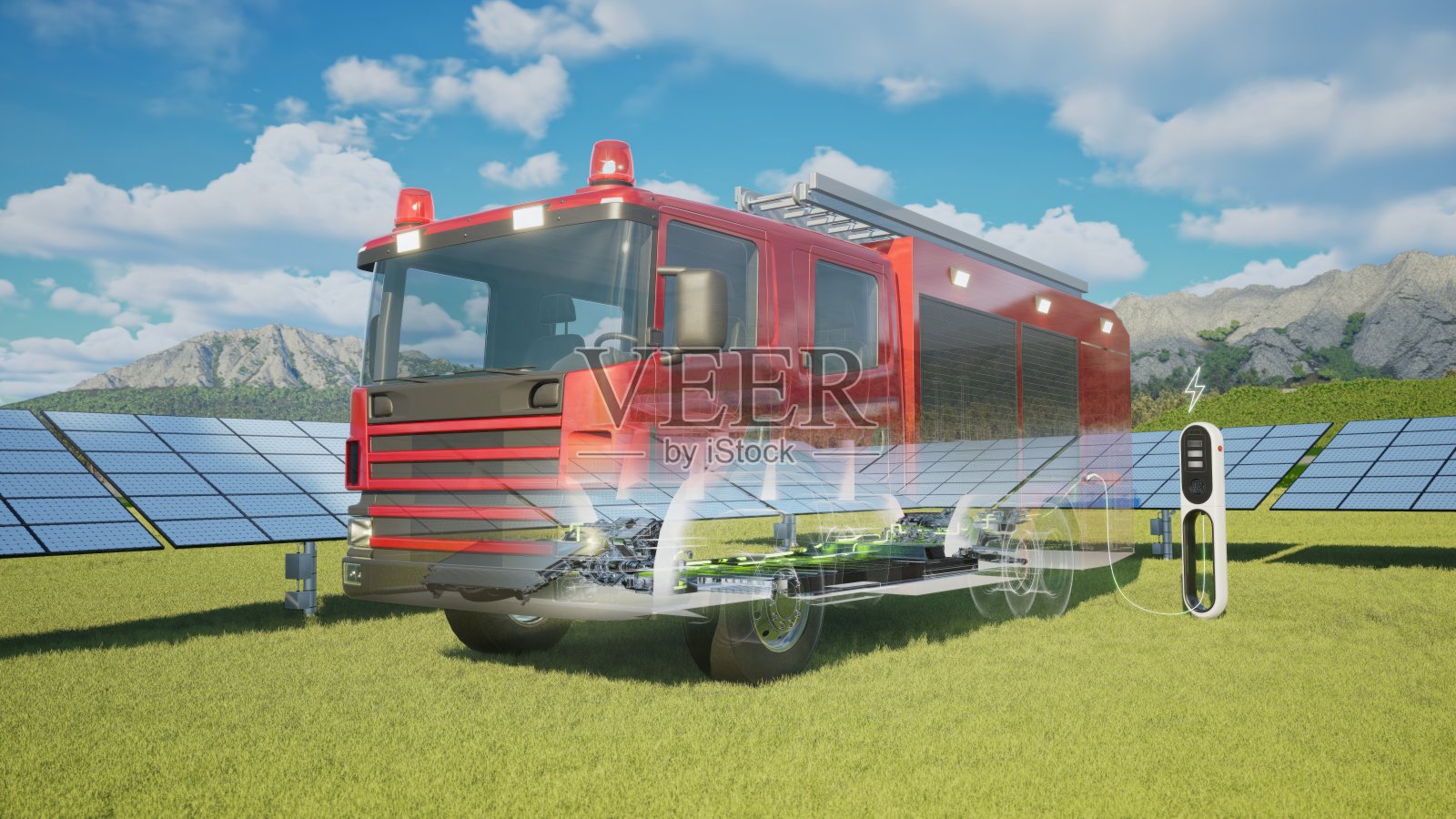 装有太阳能电池板的电动汽车充电站为消防车充电照片摄影图片