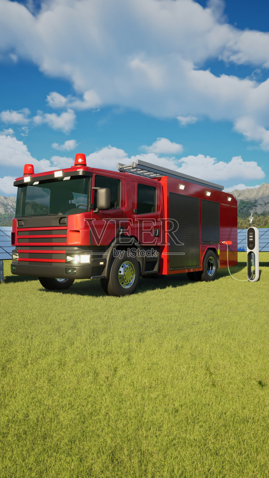 装有太阳能电池板的电动汽车充电站为消防车辆充电照片摄影图片