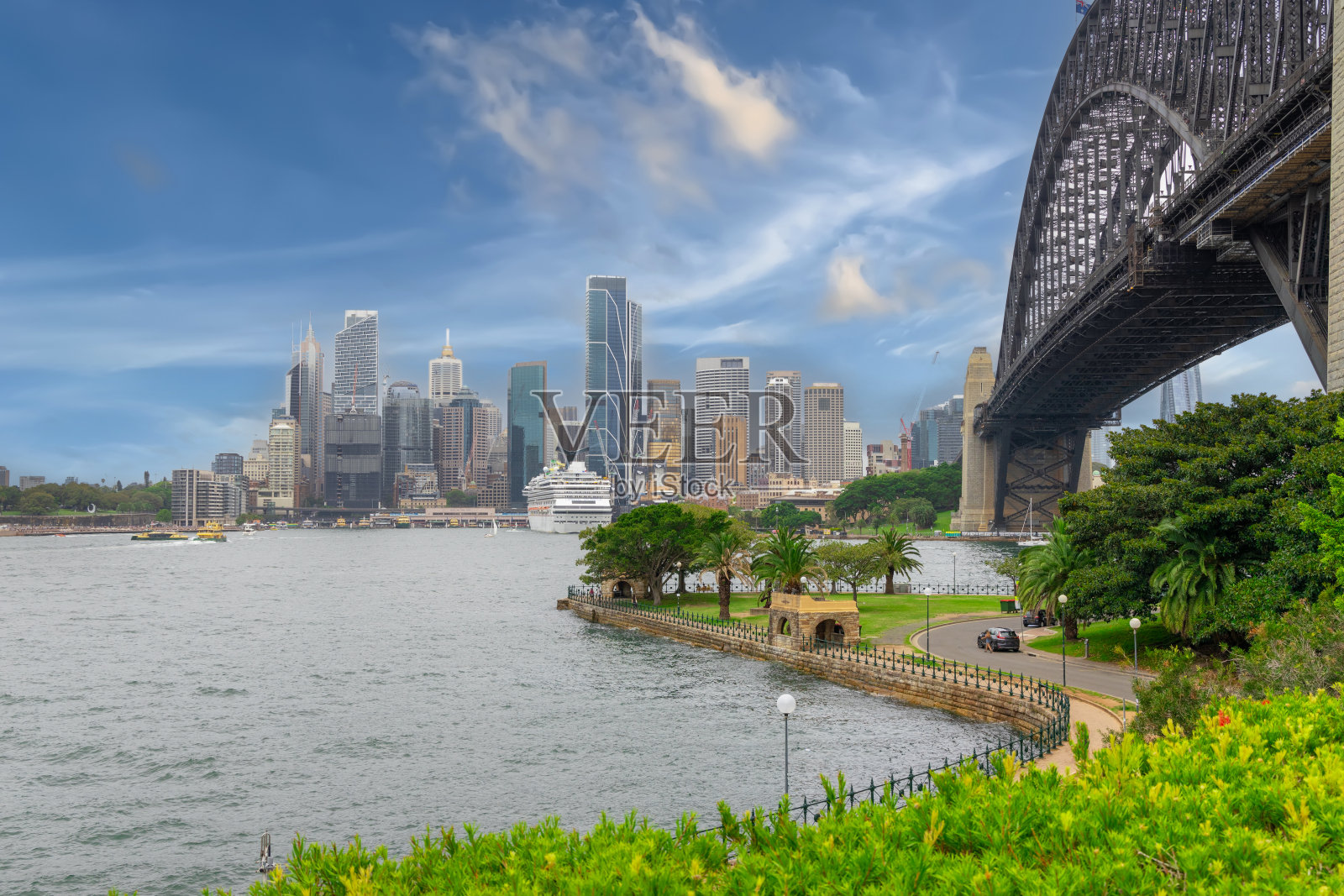 从悉尼北部俯瞰悉尼港，悉尼城市天际线和CBD高层，圆形码头和海港大桥。邮轮停靠在码头彩色天空新南威尔士州照片摄影图片