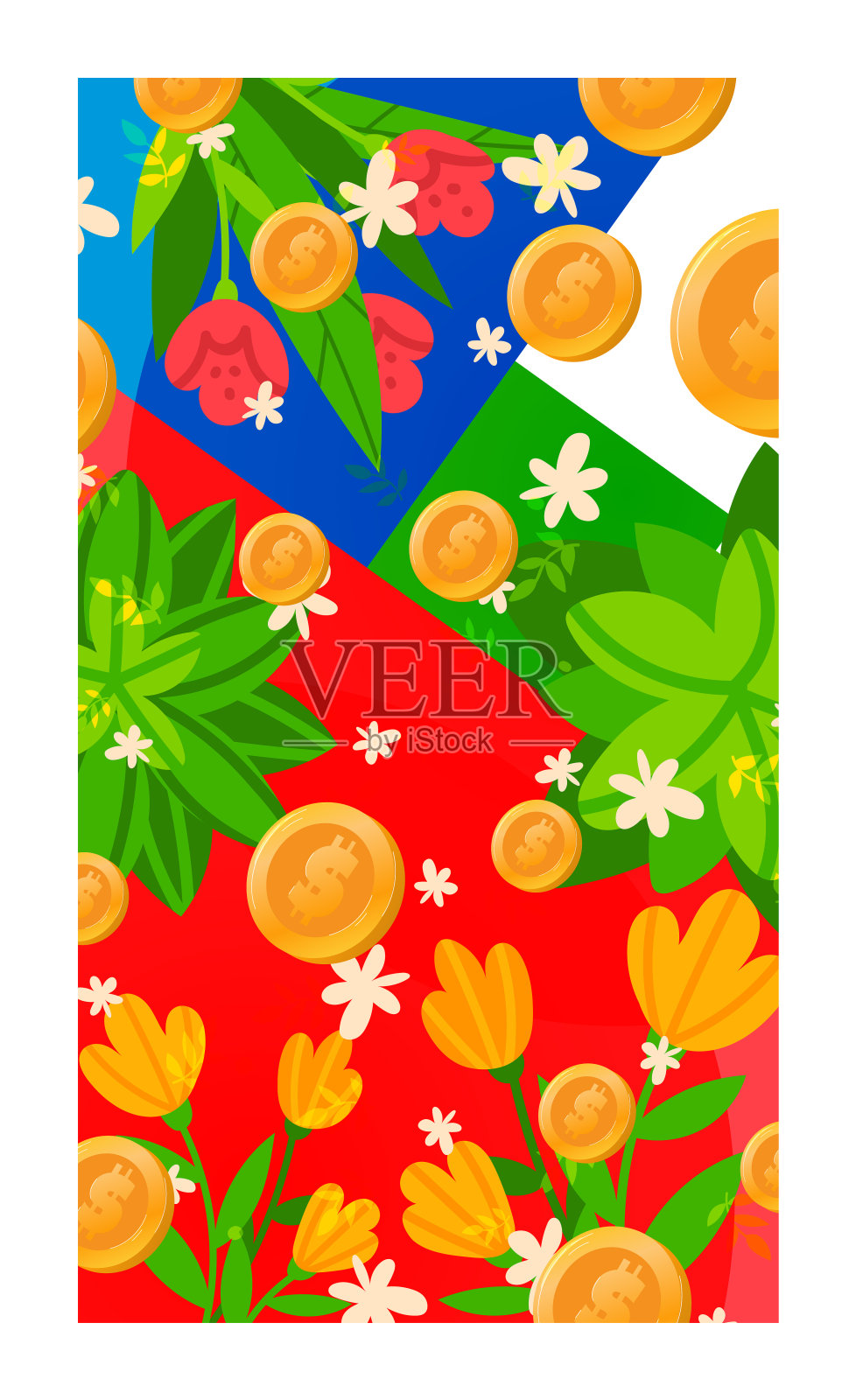 明亮的几何背景与金币和春天的花朵。金融增长与投资自然主题矢量插图插画图片素材