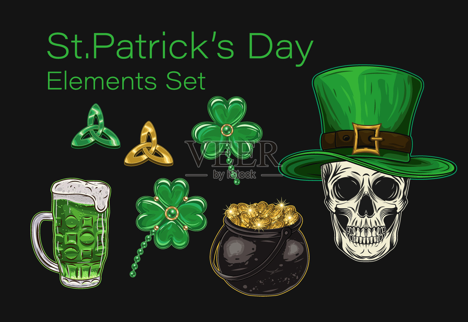 集，剪贴艺术的设计元素的圣帕特里克日在复古风格。三叶草，三叶草，三叶草，装满金币的罐子，绿色的啤酒。戴着高礼帽的人类头骨。插画图片素材
