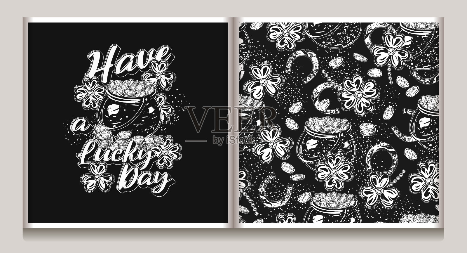 圣帕特里克节无缝图案，标签上有三叶草、三叶草、装满宝藏的花盆、马蹄铁、散落的硬币、文字。复古插图印刷，纺织品，表面设计插画图片素材