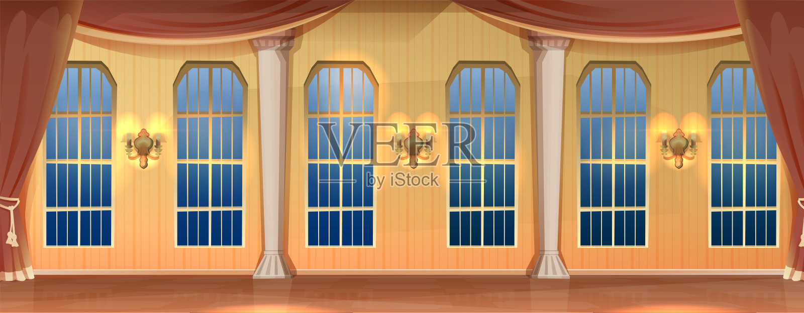 矢量卡通风格的插图。城堡室内。大厅豪华的中世纪宫殿，大窗户和长窗帘与壁灯。插画图片素材