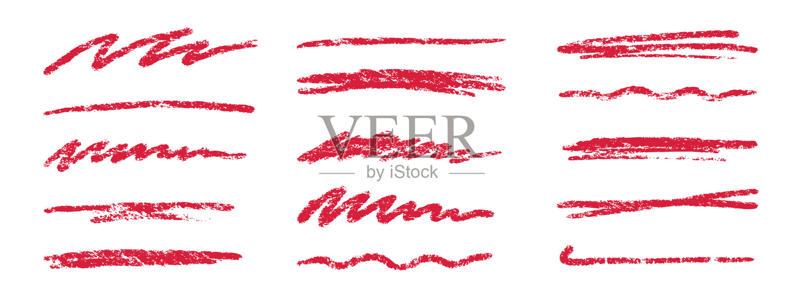 蜡笔刷红色下划线。粉笔笔高亮笔画。矢量手绘刷下划线元素集的口音，蜡笔纹理强调元素。红粉笔矢量插画图片素材