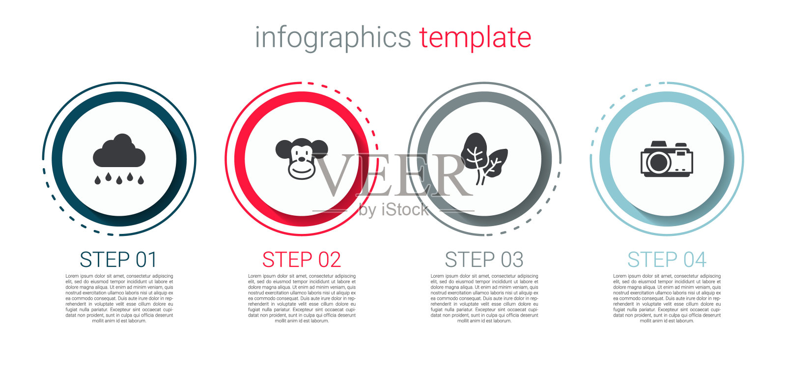 集云与雨，猴子，热带树叶和照相机。业务信息图表模板。向量插画图片素材
