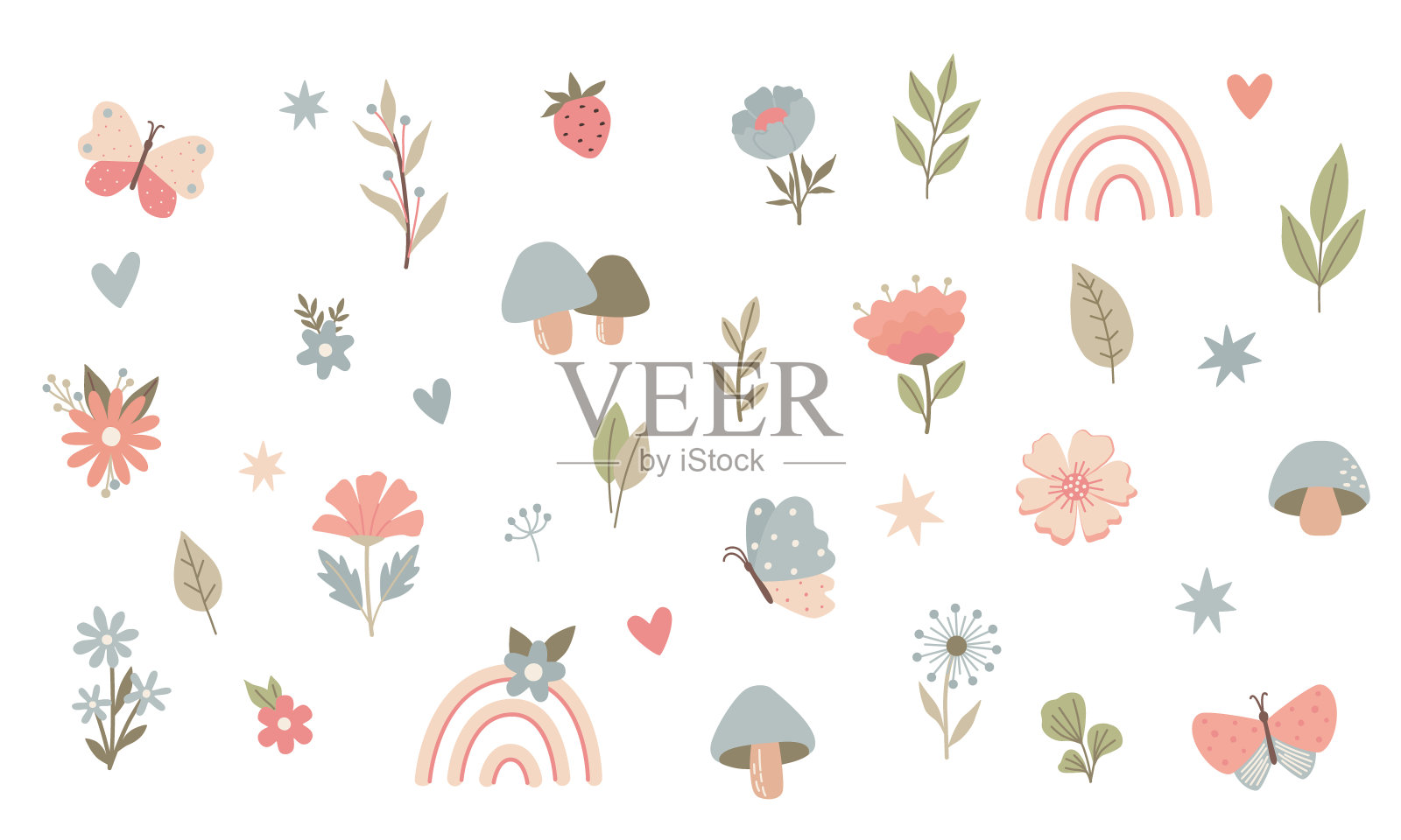 可爱的极简主义的一套简单的花蝴蝶彩虹。卡通幼稚的花元素孤立在白色。手绘涂鸦苗圃植物，树叶，树枝，草。简单矢量图插画图片素材