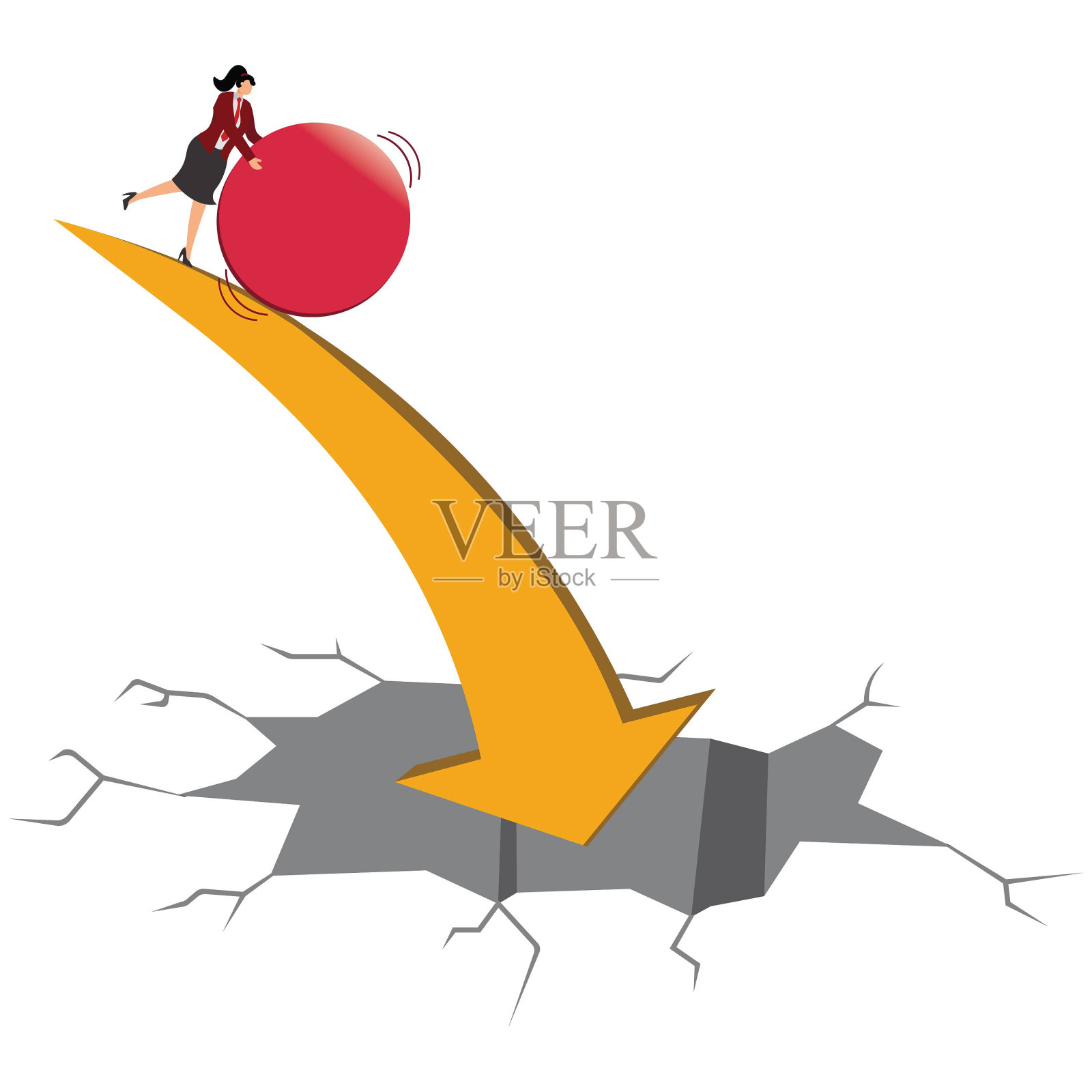 金融危机，金融，女商人，推，红色，体育球，插画图片素材