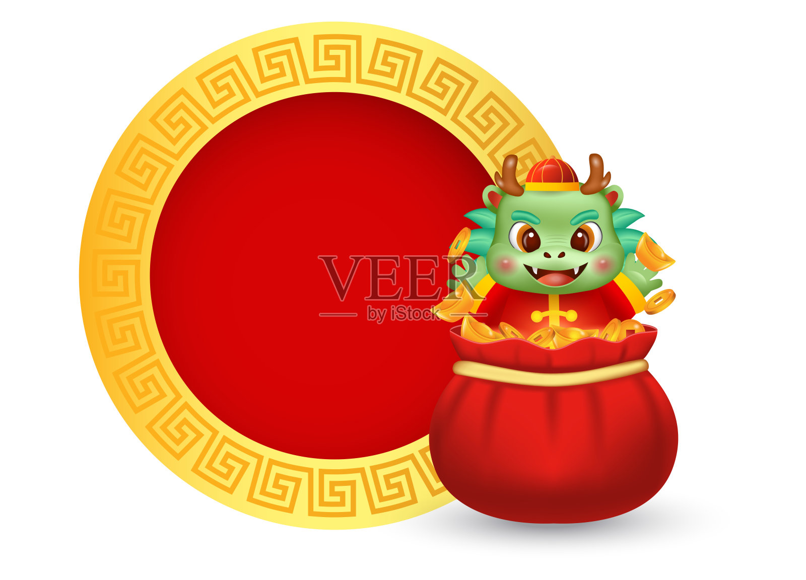 2024年春节快乐，钱袋里装着可爱的龙插画图片素材