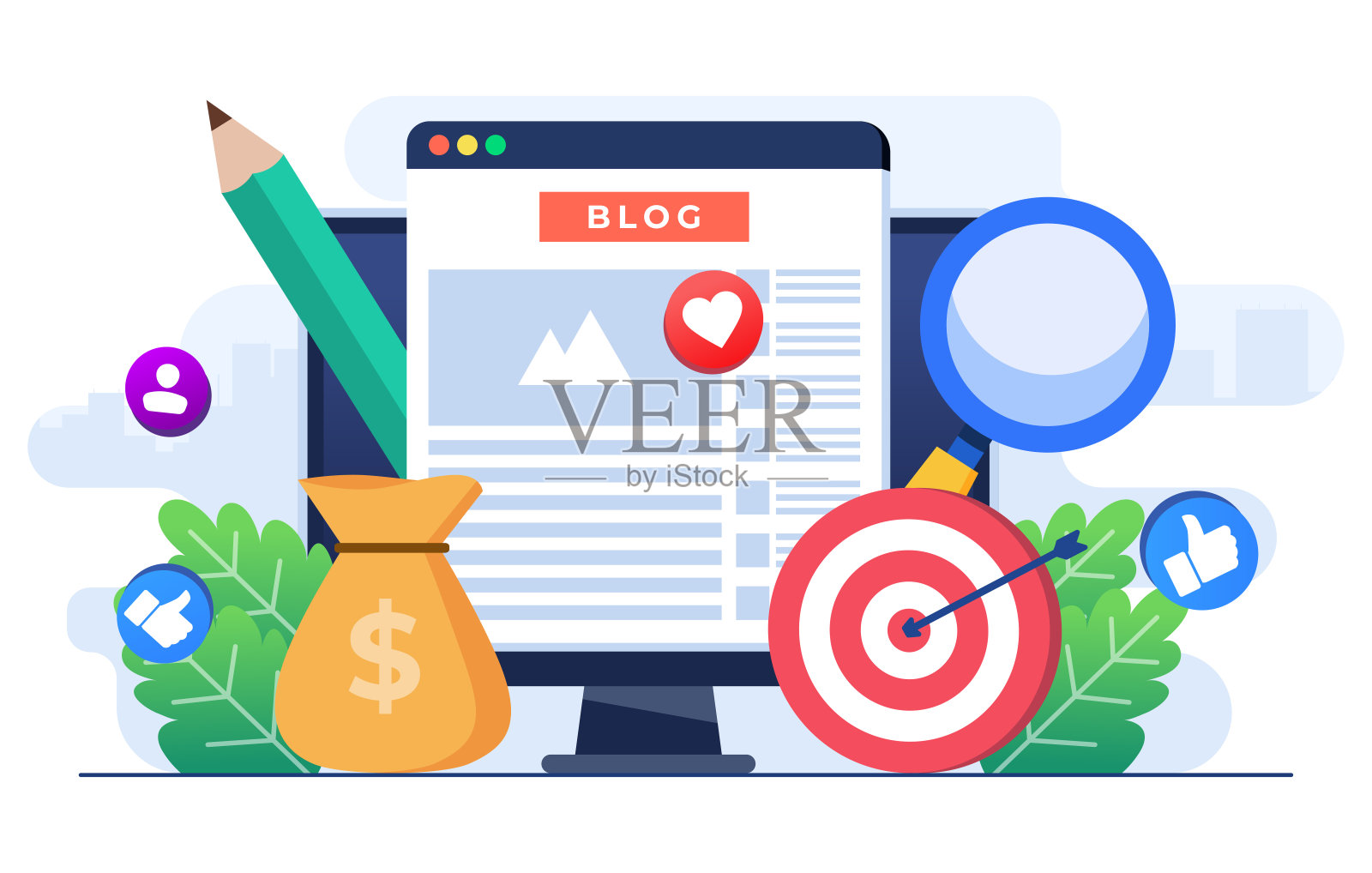 博客文章创建概念平面插图矢量模板，内容创建，自由撰稿网络文章写作，可用于网络横幅，登陆页，移动应用程序，信息图插画图片素材