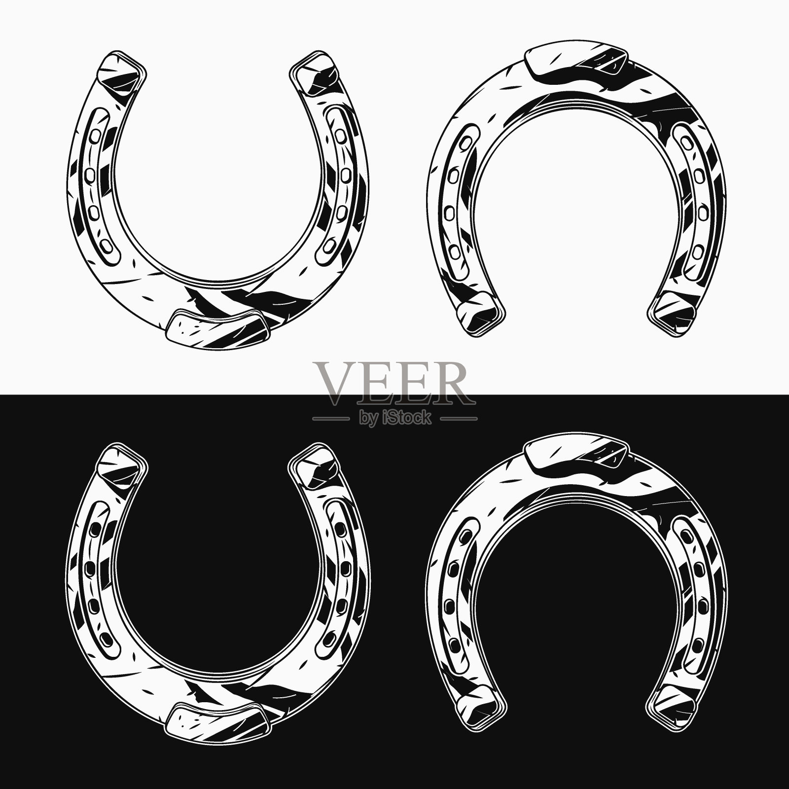 复古风格的黑白马蹄铁。护身符，护身符，象征好运，财富，成功。适用于西式装饰插画图片素材
