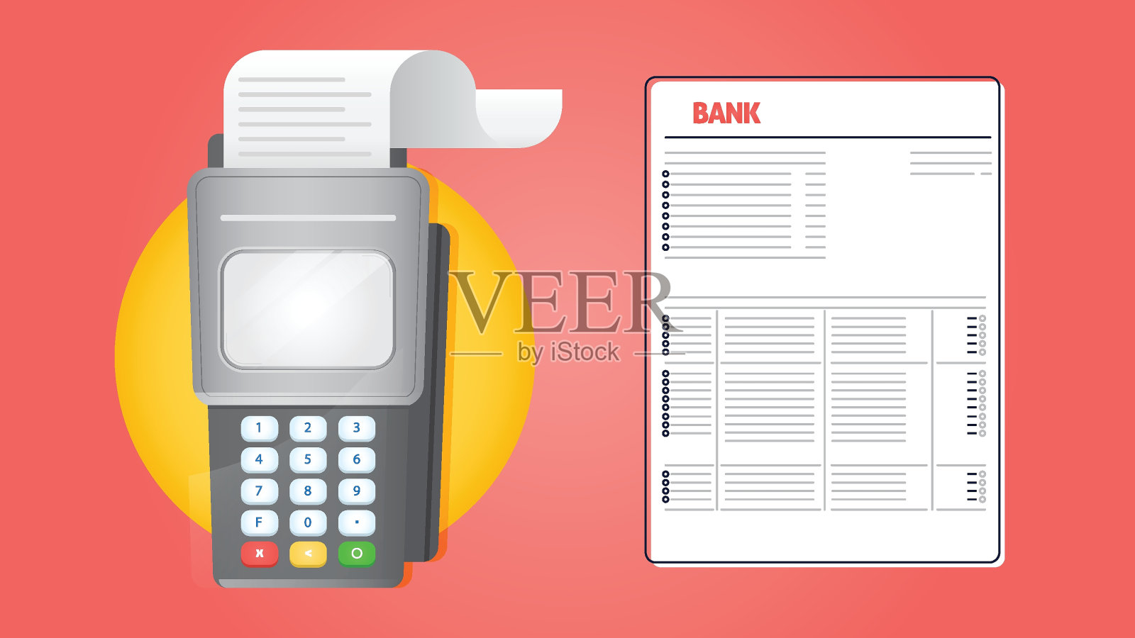 Wi-Fi付款机，信用卡，收据。POS终端隔离。设计模板，银行支付终端，模型。处理NFC支付设备。插画图片素材