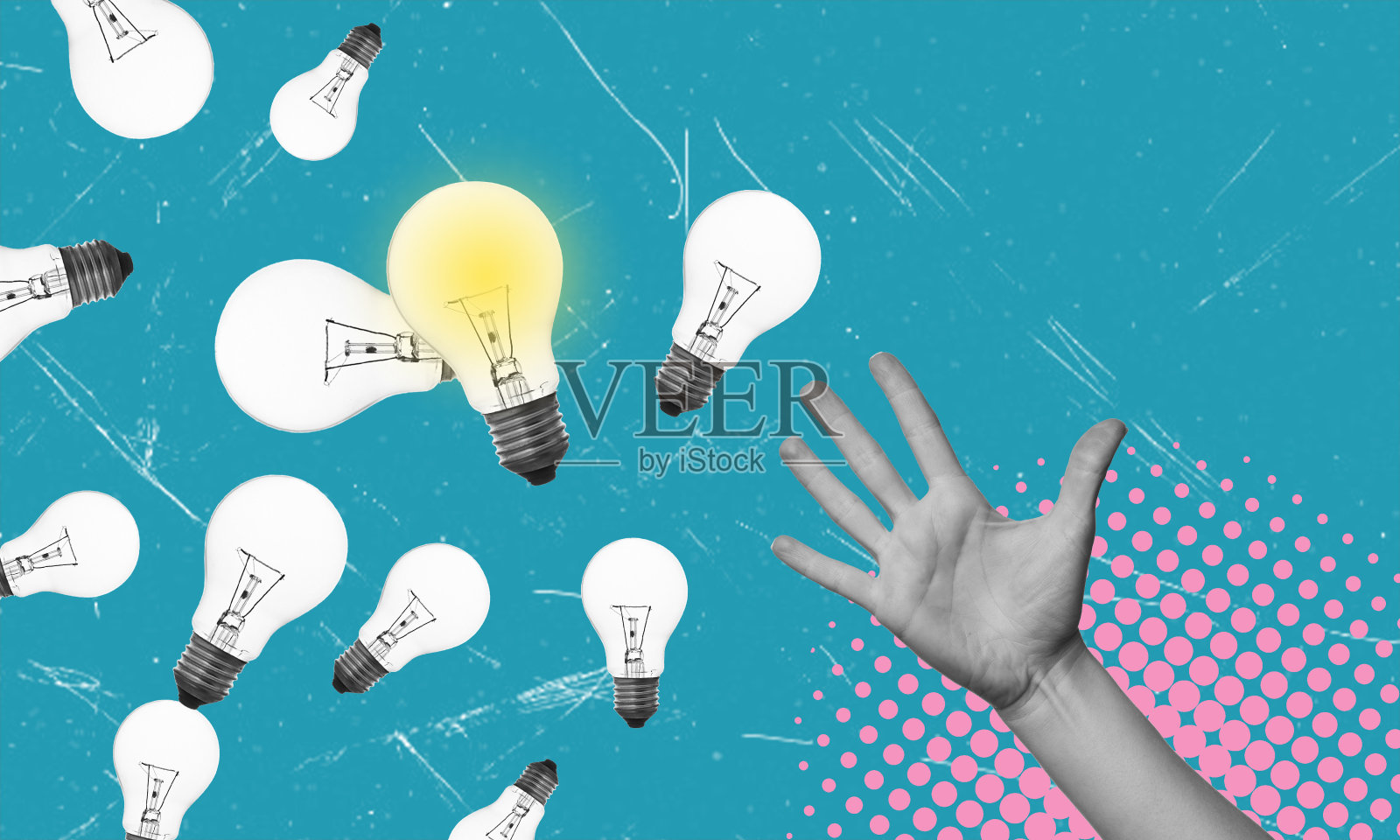 一只手伸向灯泡的艺术拼贴画。照片摄影图片