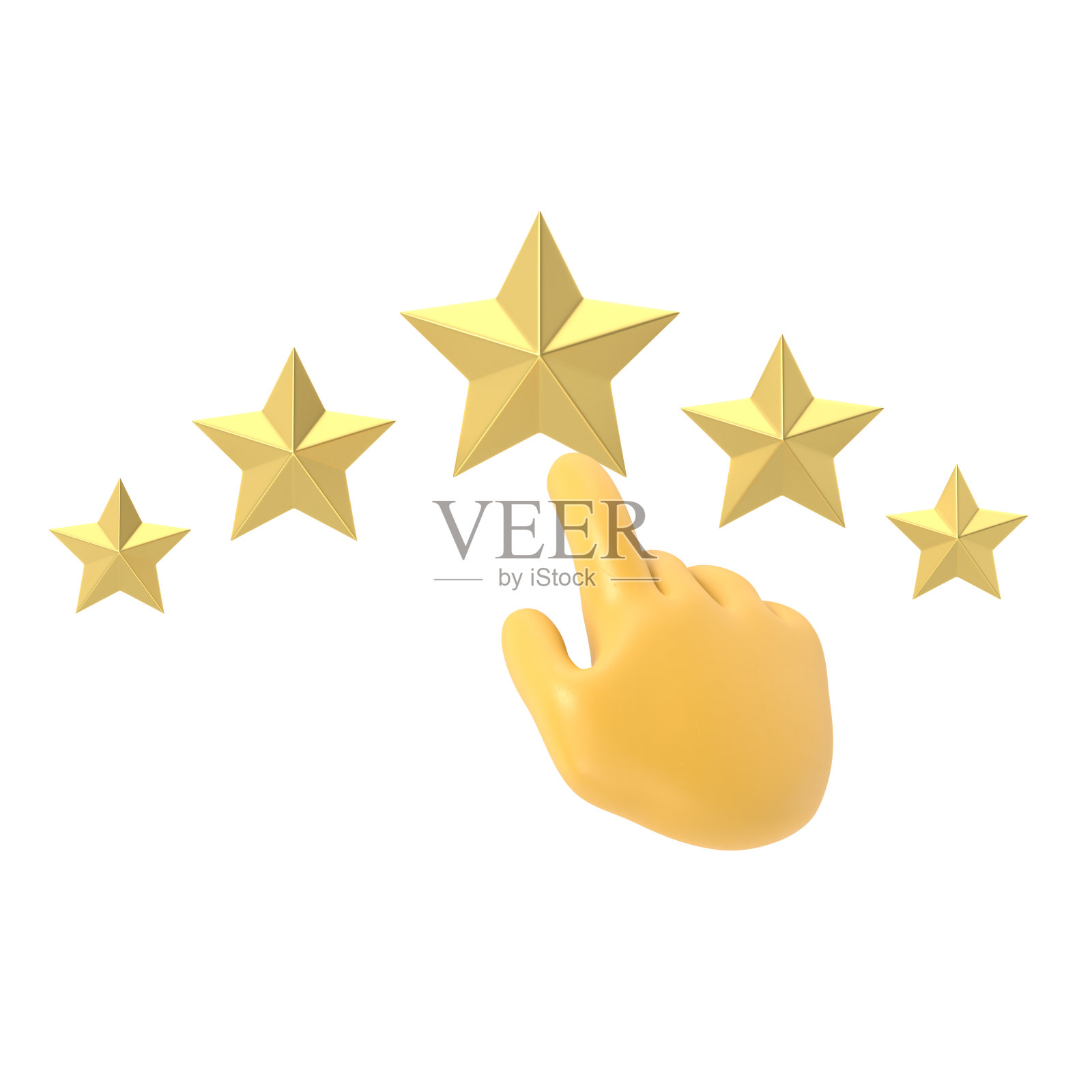 评级图标。星三维插图平面设计。反馈的概念。评价体系。积极的评论。质量工作。男人的手指指向星星。白色背景的3D渲染。照片摄影图片