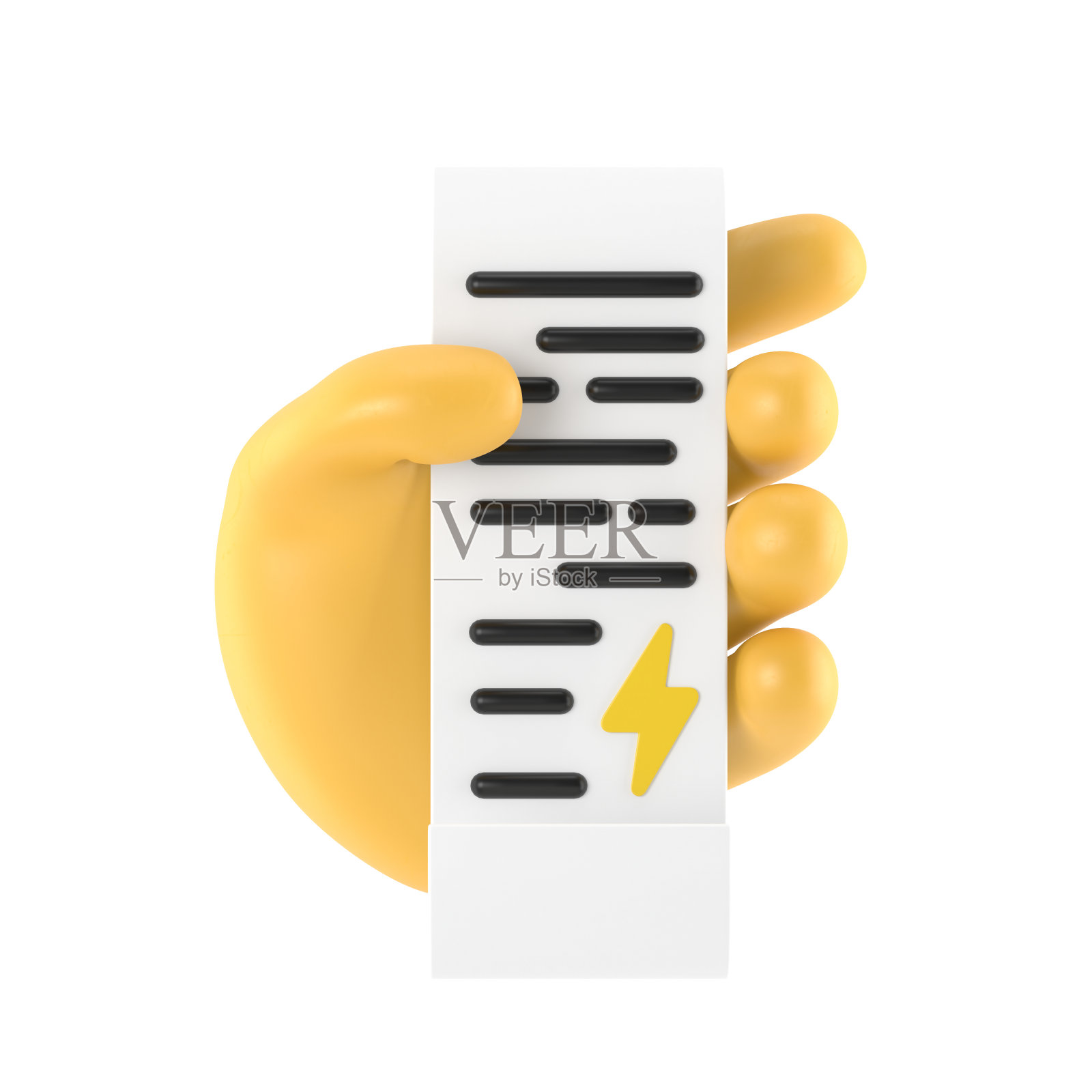 3d女性手持支付能源账单纸发票图标设计。卡通塑料渲染支付电费收据标志。白色背景的3D渲染。照片摄影图片