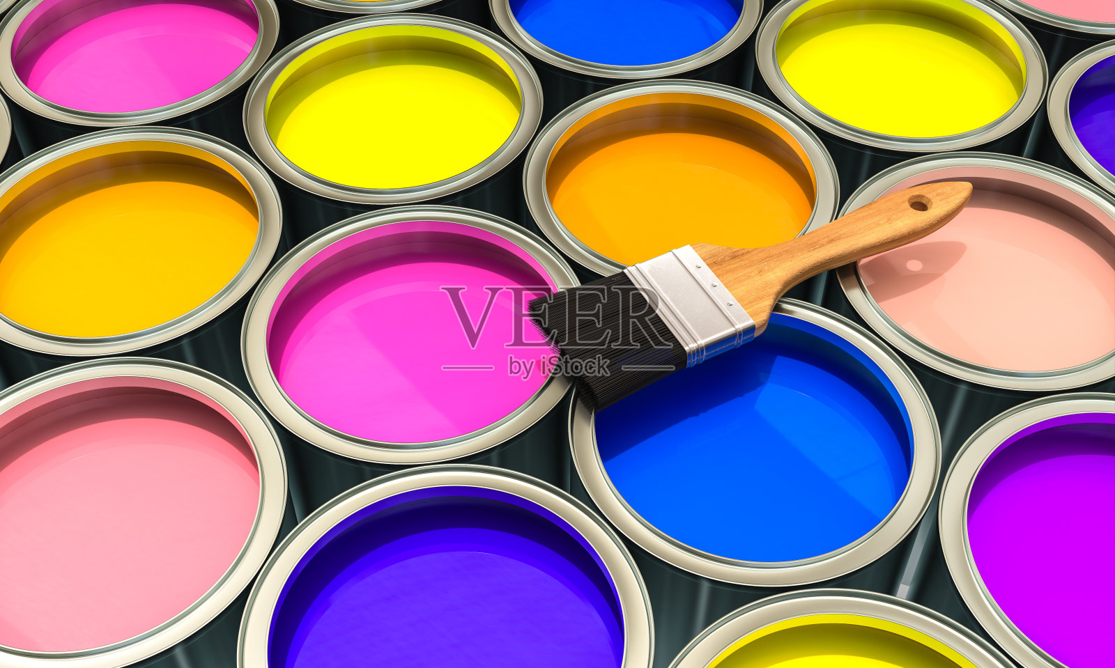 几罐彩色颜料和刷子。三维渲染照片摄影图片