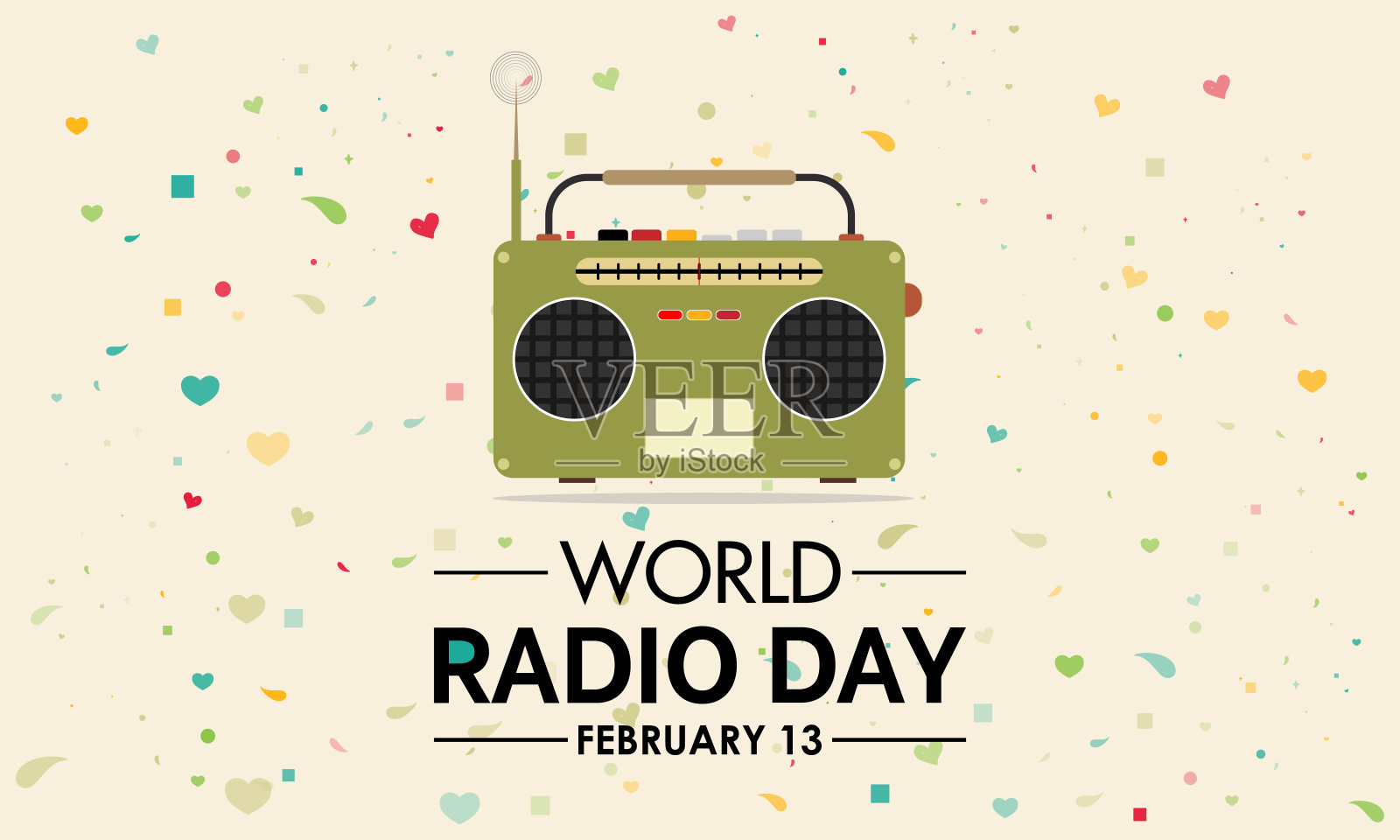 每年的2月13日是世界无线电日。矢量横幅，传单，海报和社会媒体模板设计。插画图片素材