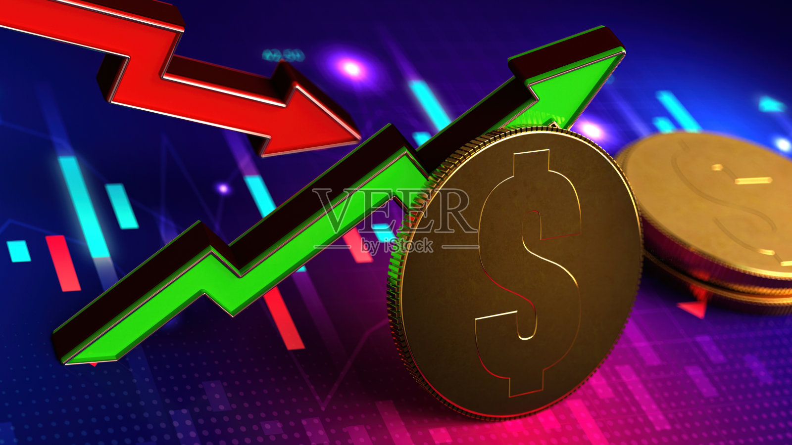 金币在金融图表与向上和向下箭头照片摄影图片