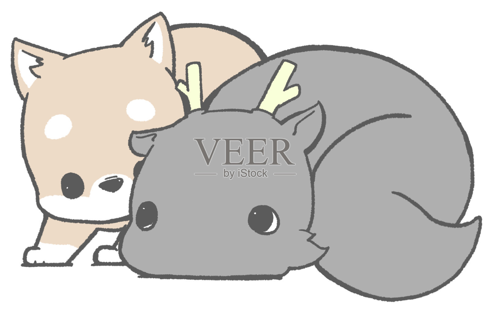 柴犬和龙看着对方插画图片素材