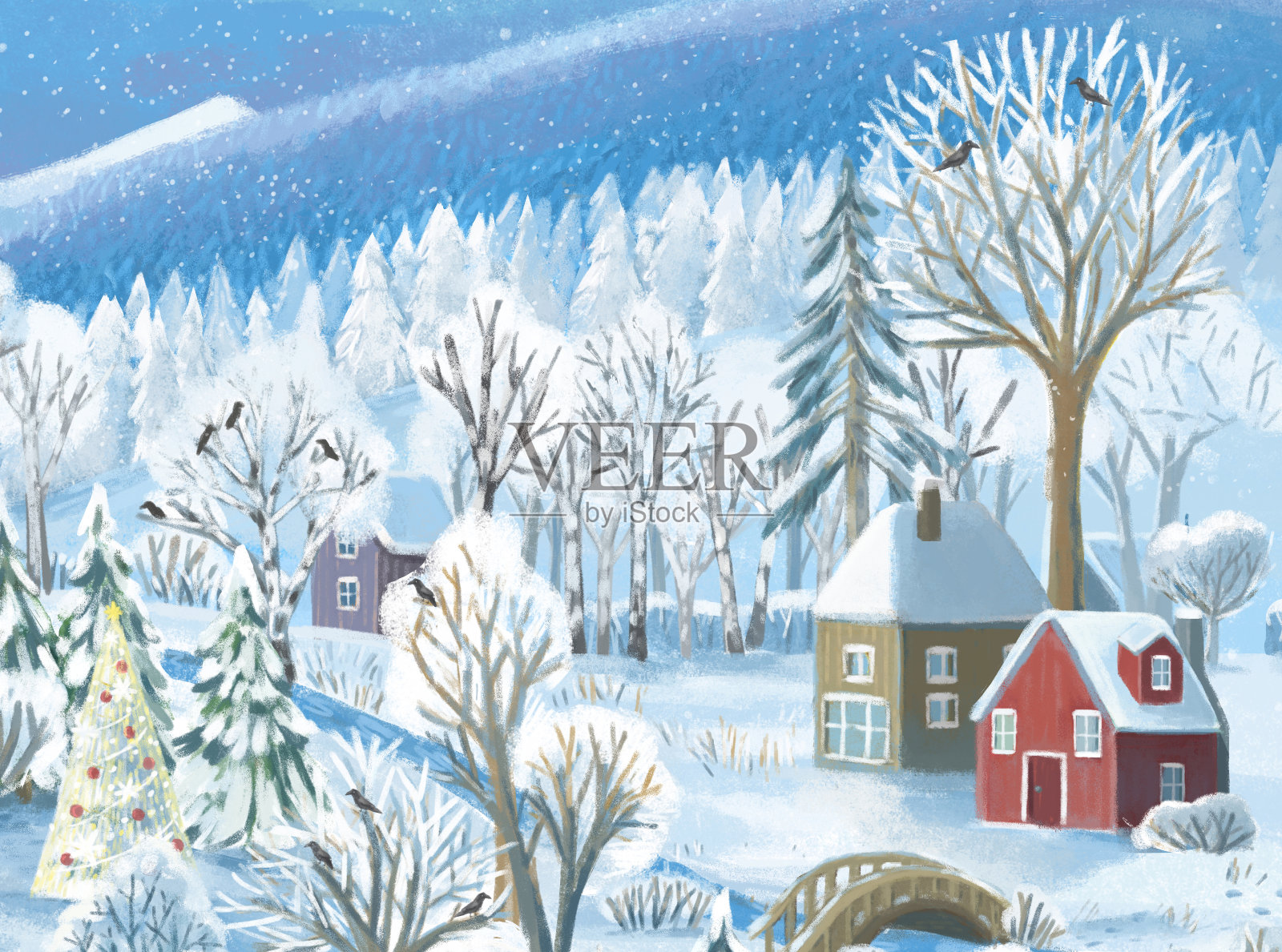 卡通圣诞场景与城市在冬天与一些野生动物附近的城镇插图的孩子插画图片素材