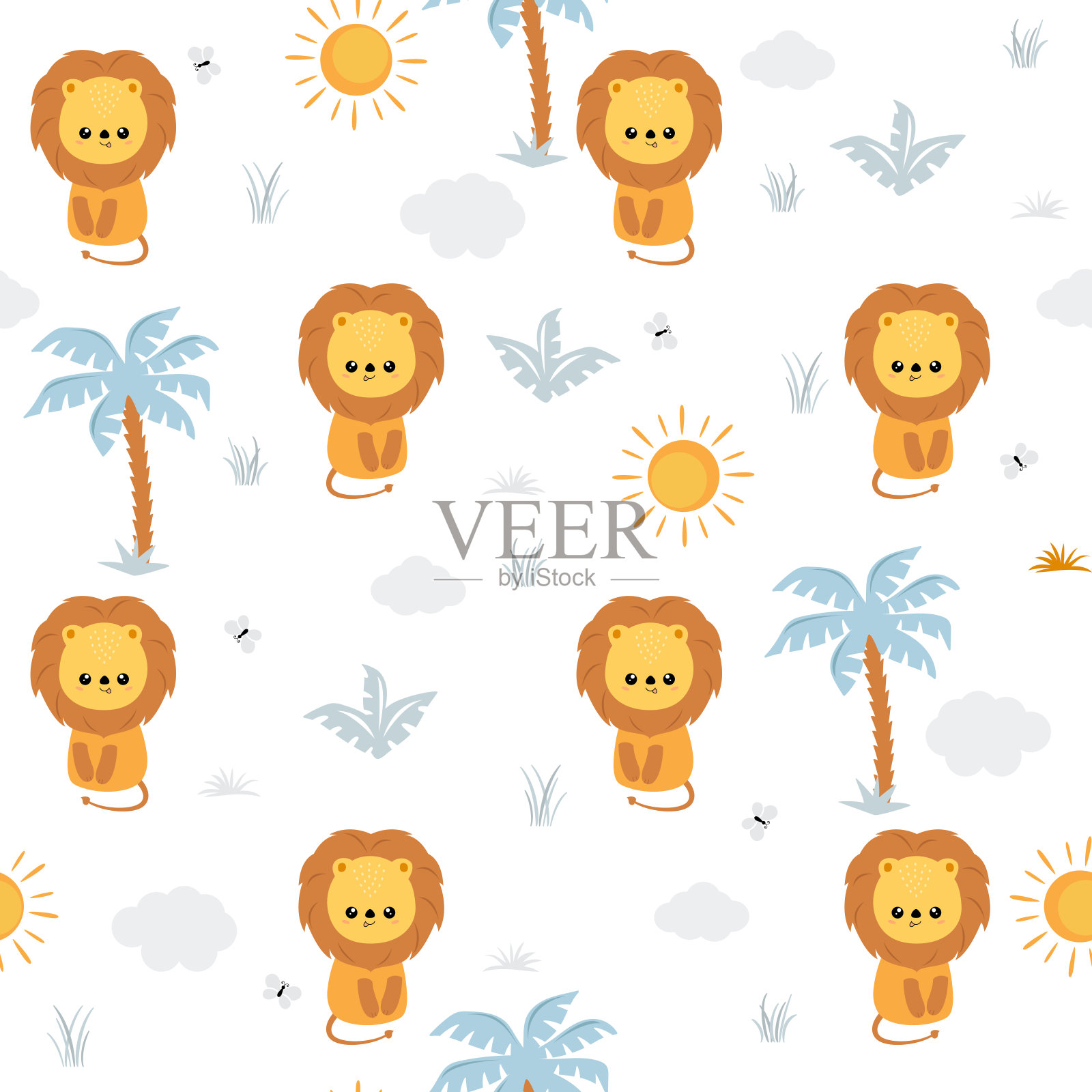 无缝图案与可爱的性格狮子，棕榈树和蝴蝶。可爱的矢量插图的孩子。插画图片素材