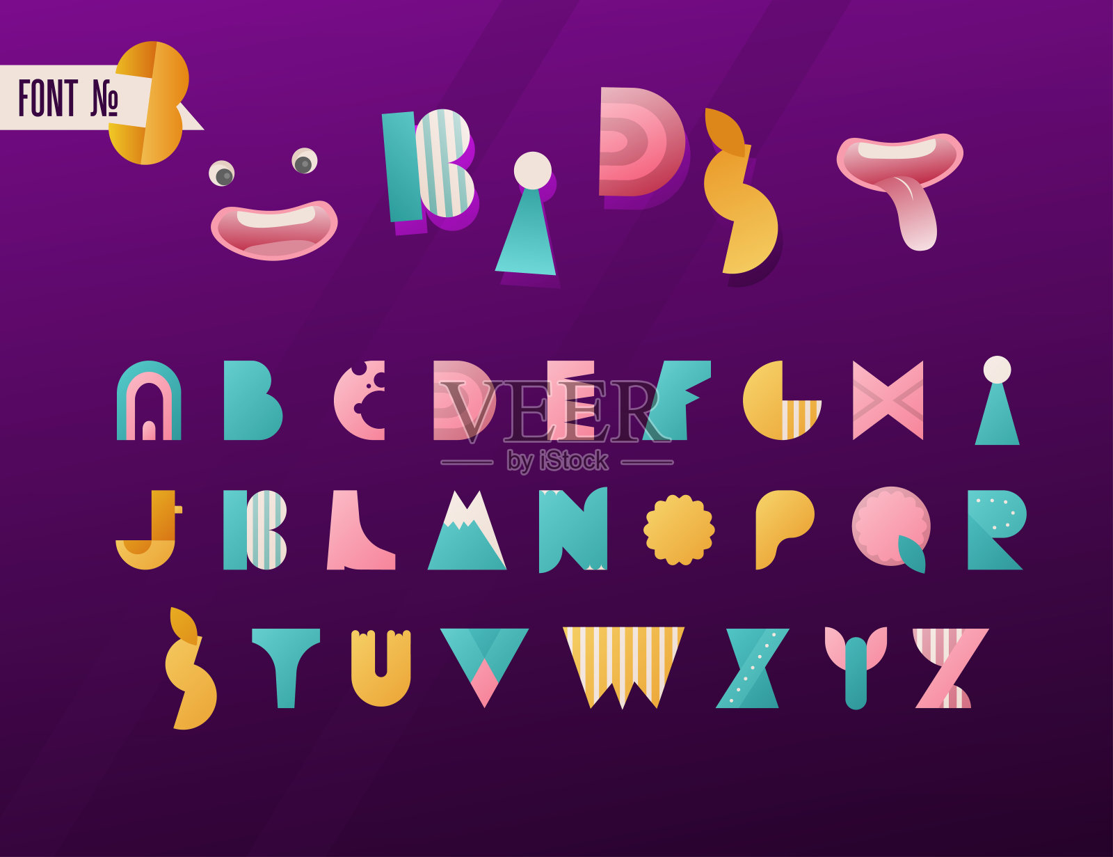 孩子现代扁平可爱的字母集。有趣的拉丁字体。信件。插画图片素材