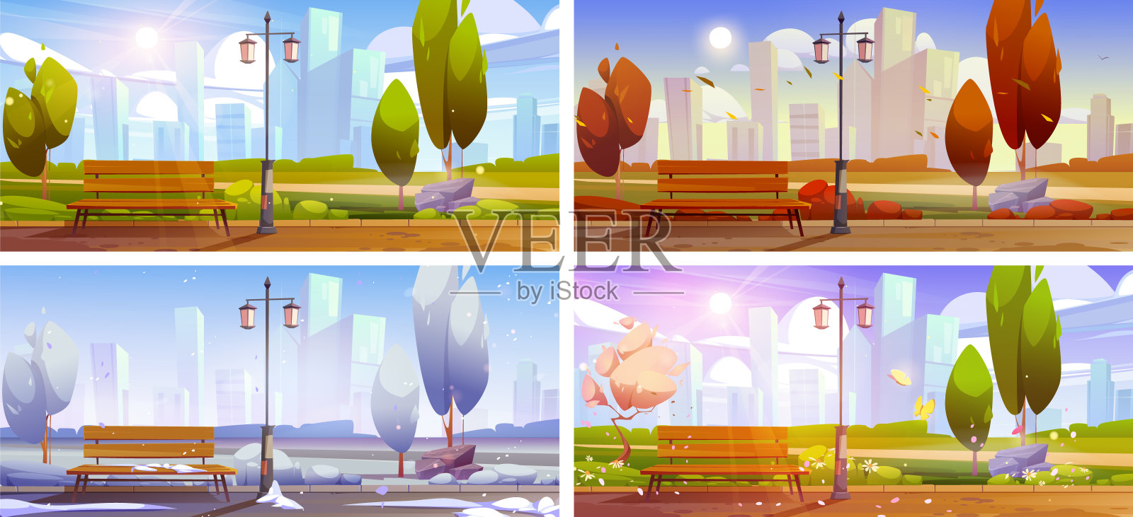 城市公园与板凳季节背景矢量集插画图片素材