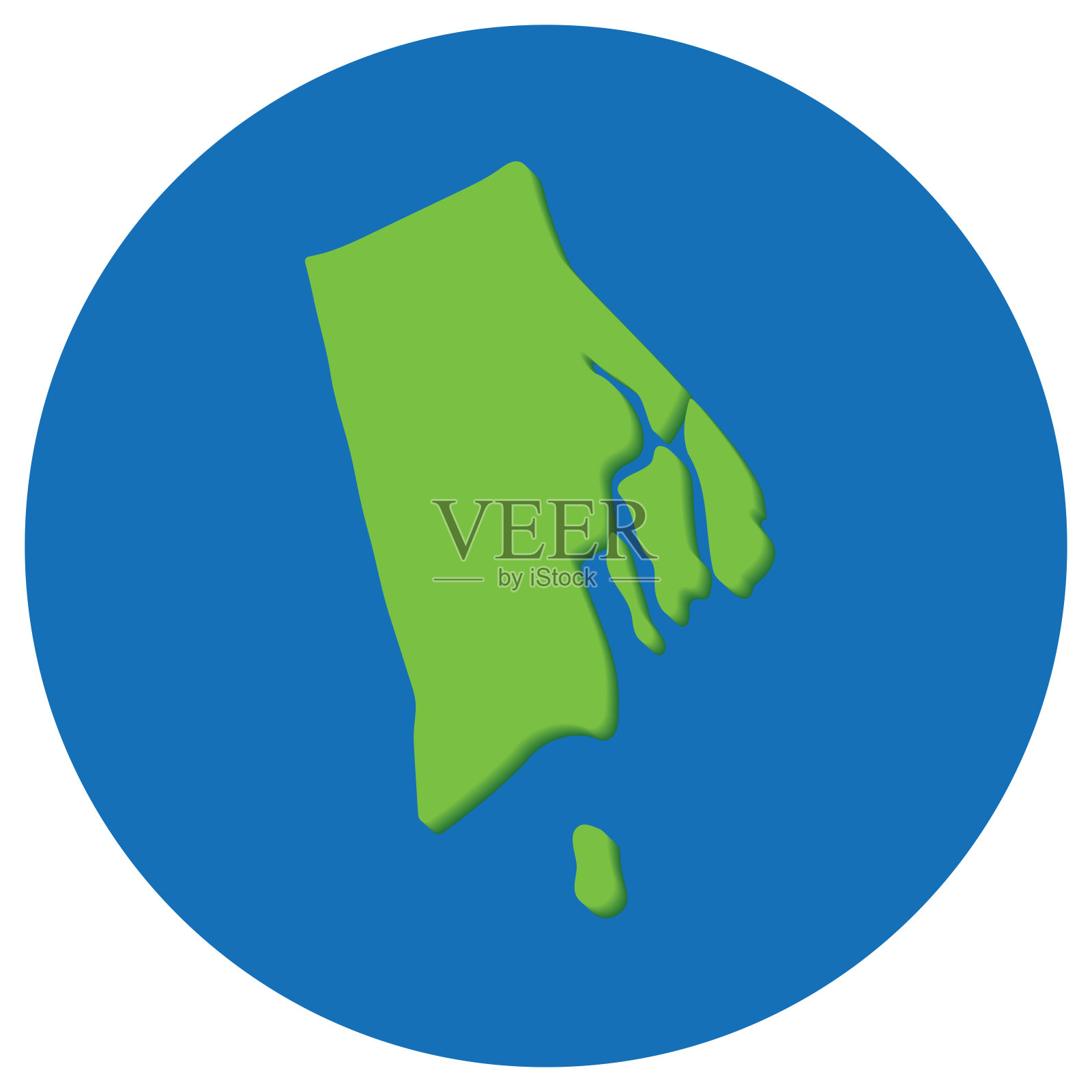 罗德岛州地图在地球形状的绿色与蓝色圆形颜色。美国罗德岛州地图。插画图片素材