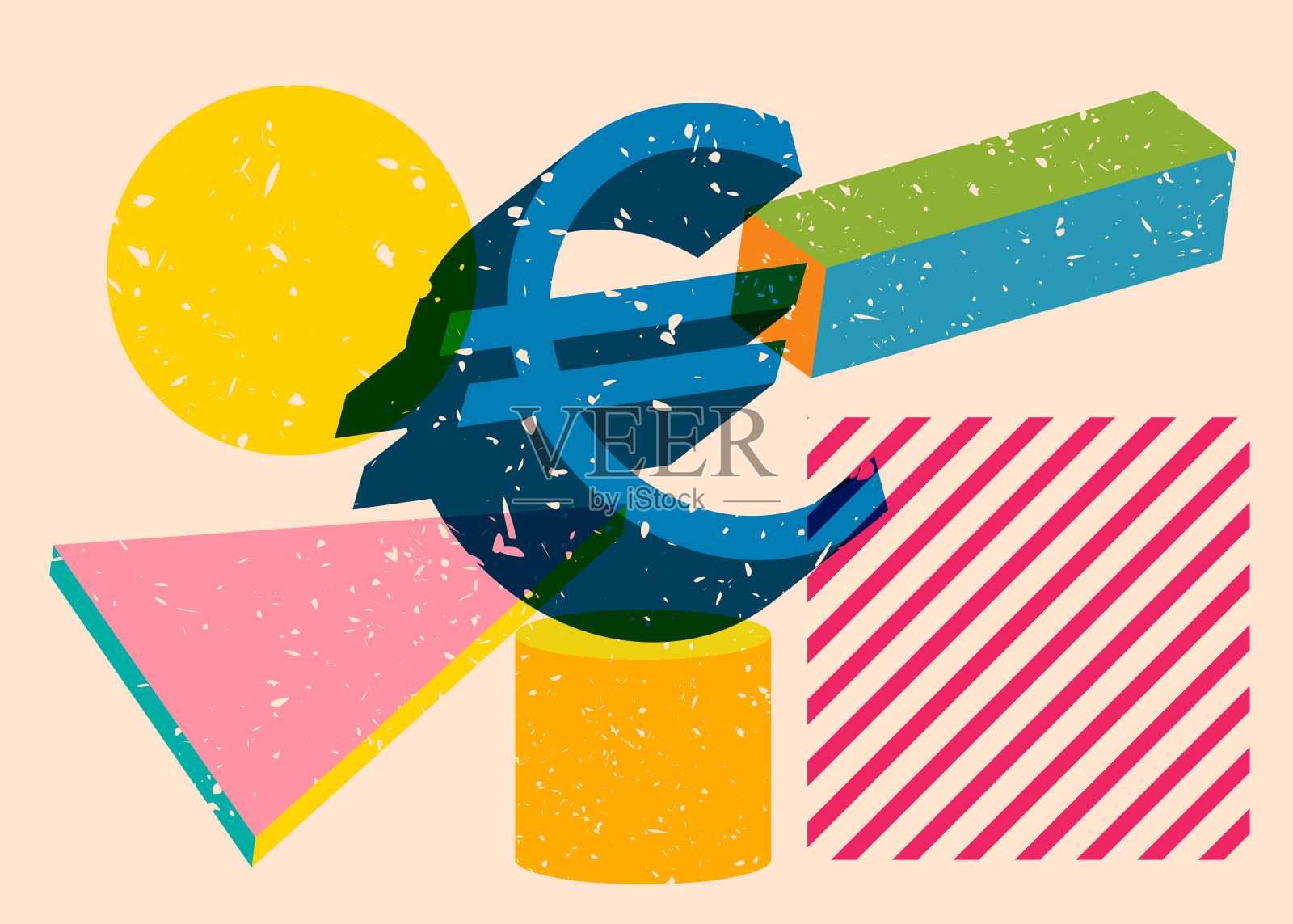 欧元符号，具有几何形状的货币符号。物体以时尚的riso图形打印纹理风格设计与几何元素。插画图片素材