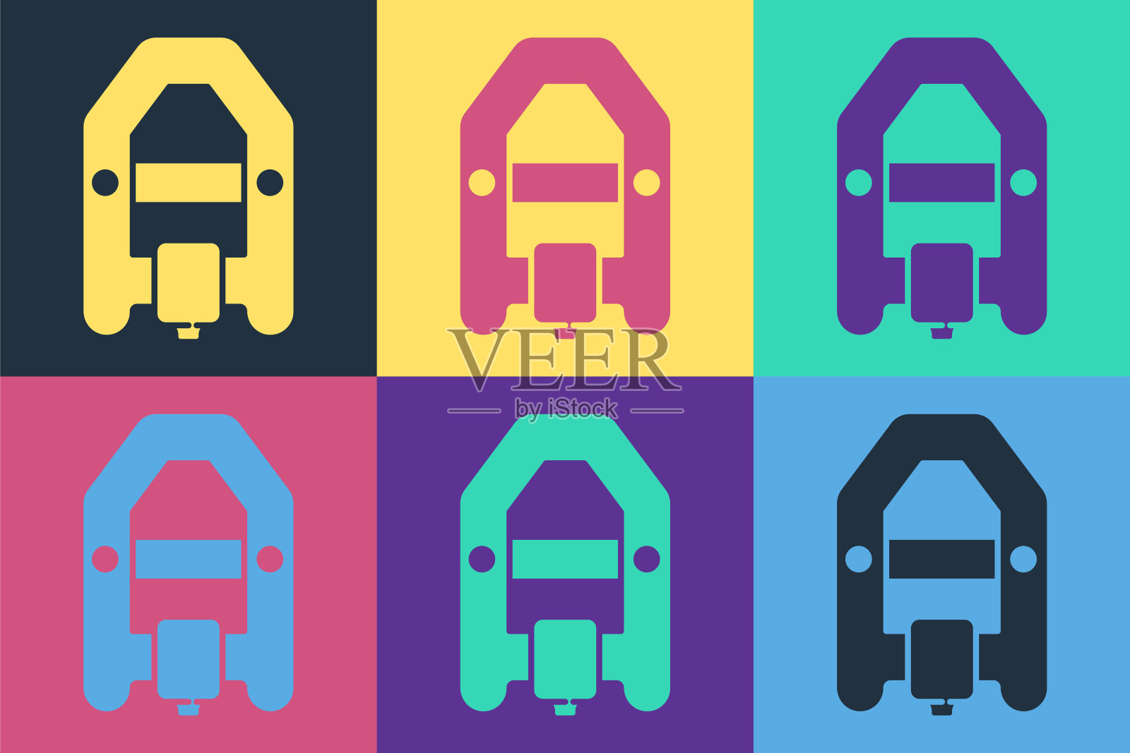 泛舟图标孤立的彩色背景。带桨的充气船。水上运动，极限运动，度假，度假。向量插画图片素材