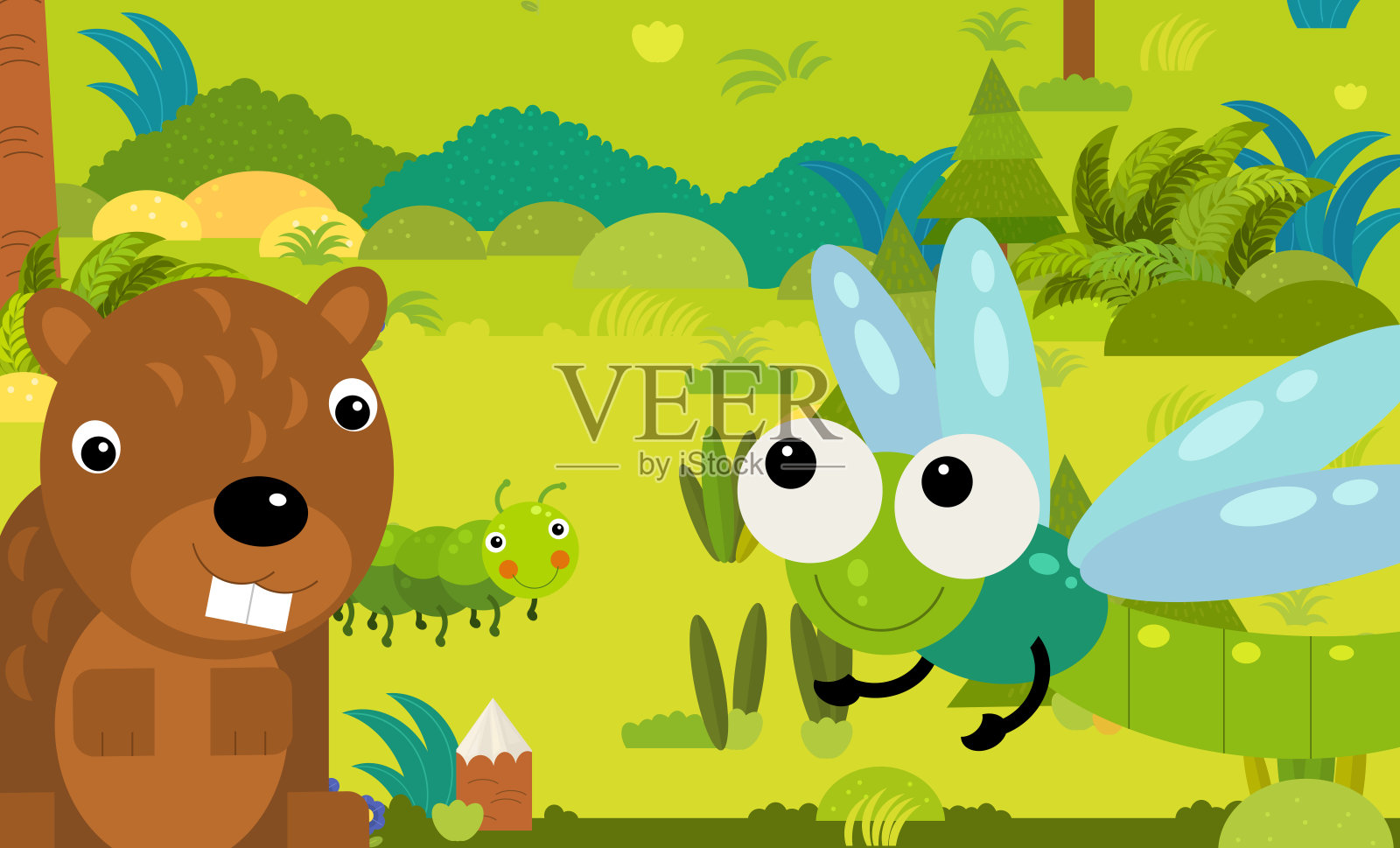 森林里不同欧洲动物的卡通场景插画图片素材