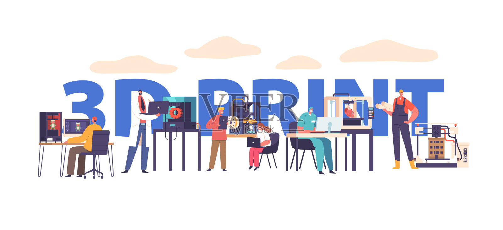 人们利用3d打印机来创建自定义对象，从原型和医疗植入物到建筑创作插画图片素材