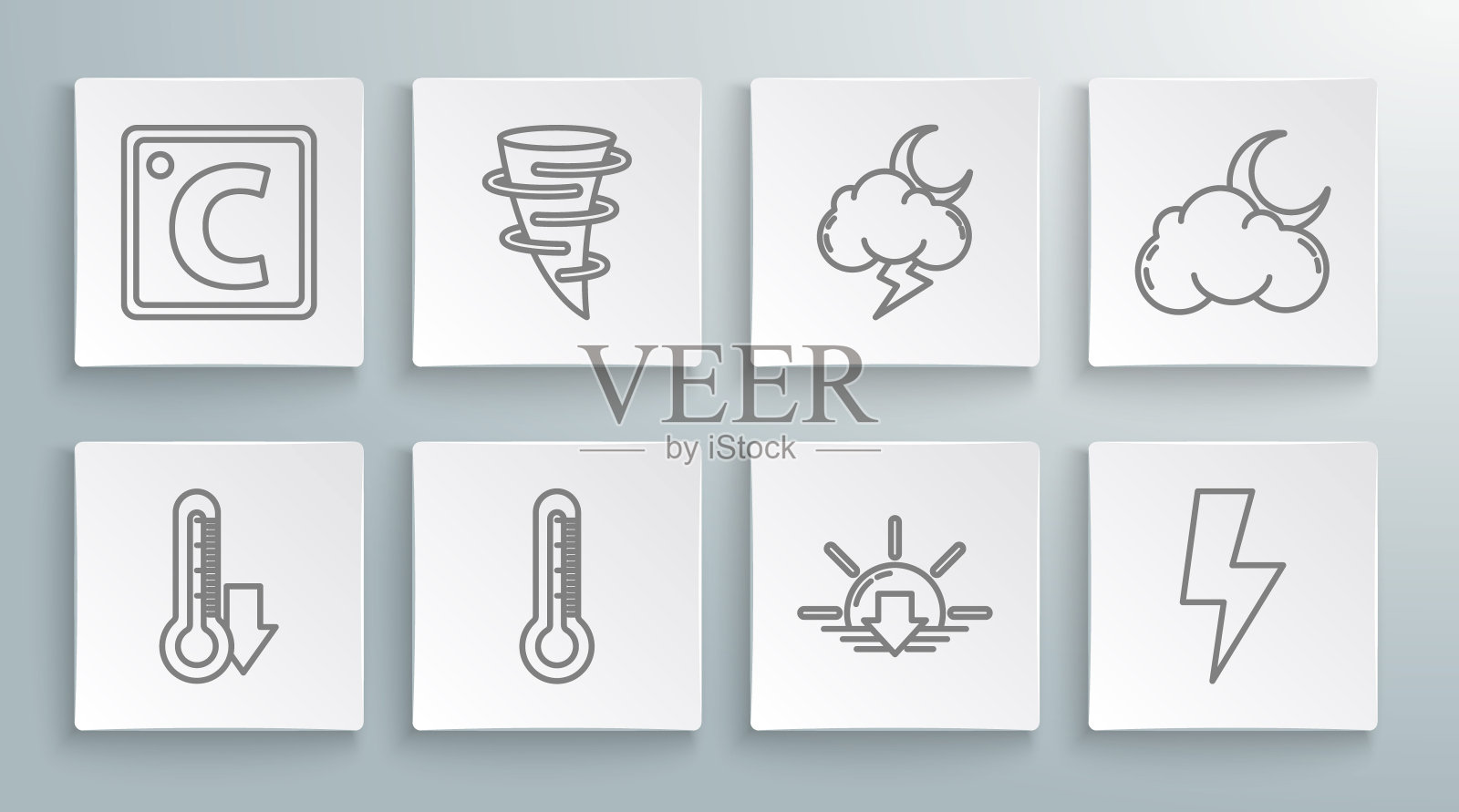 设置线温度计，龙卷风，日落，闪电，风暴，云与月亮和星星和摄氏图标。向量插画图片素材