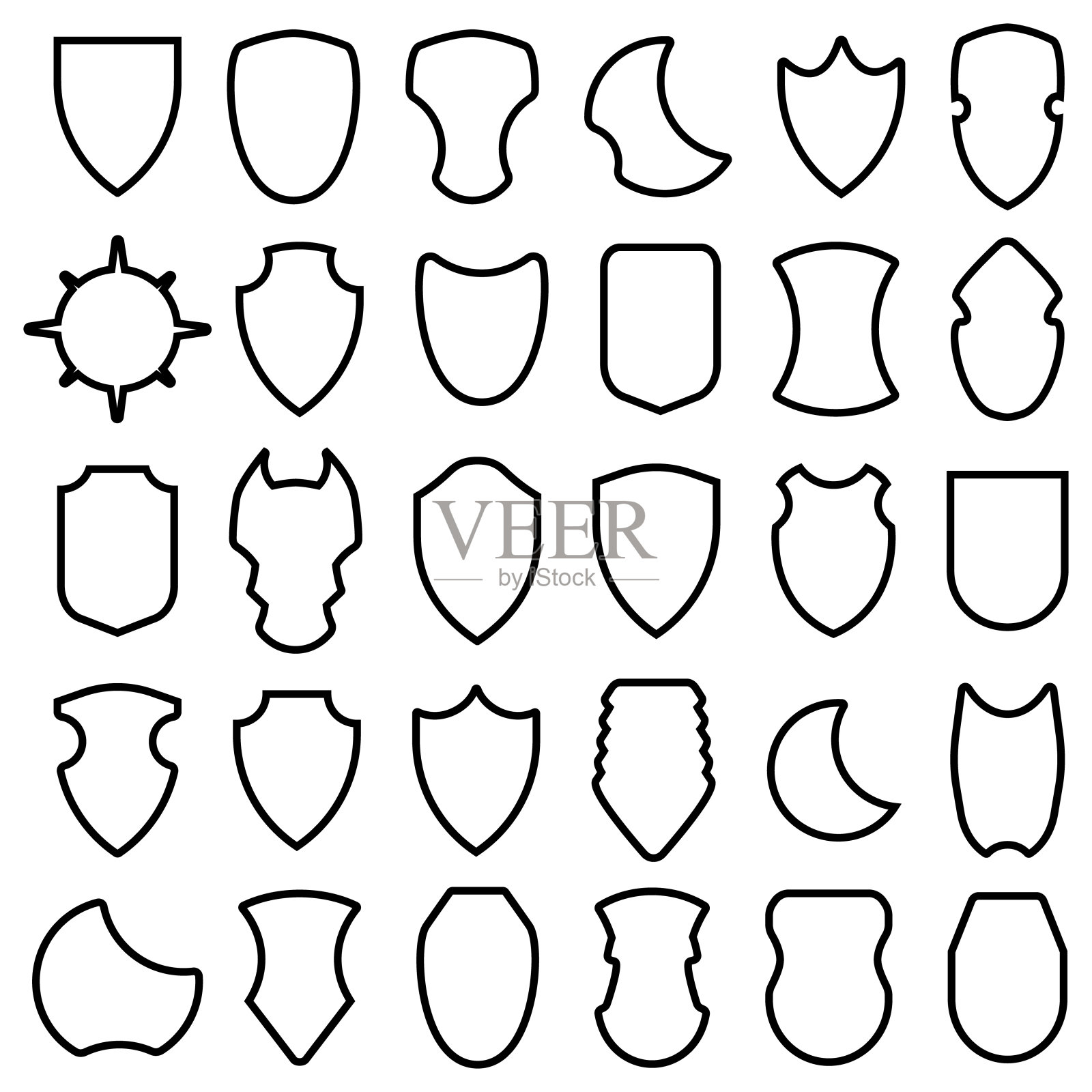 收藏保护廓形轮廓徽章。一套黑色纹章盾轮廓图标。矢量插图。插画图片素材