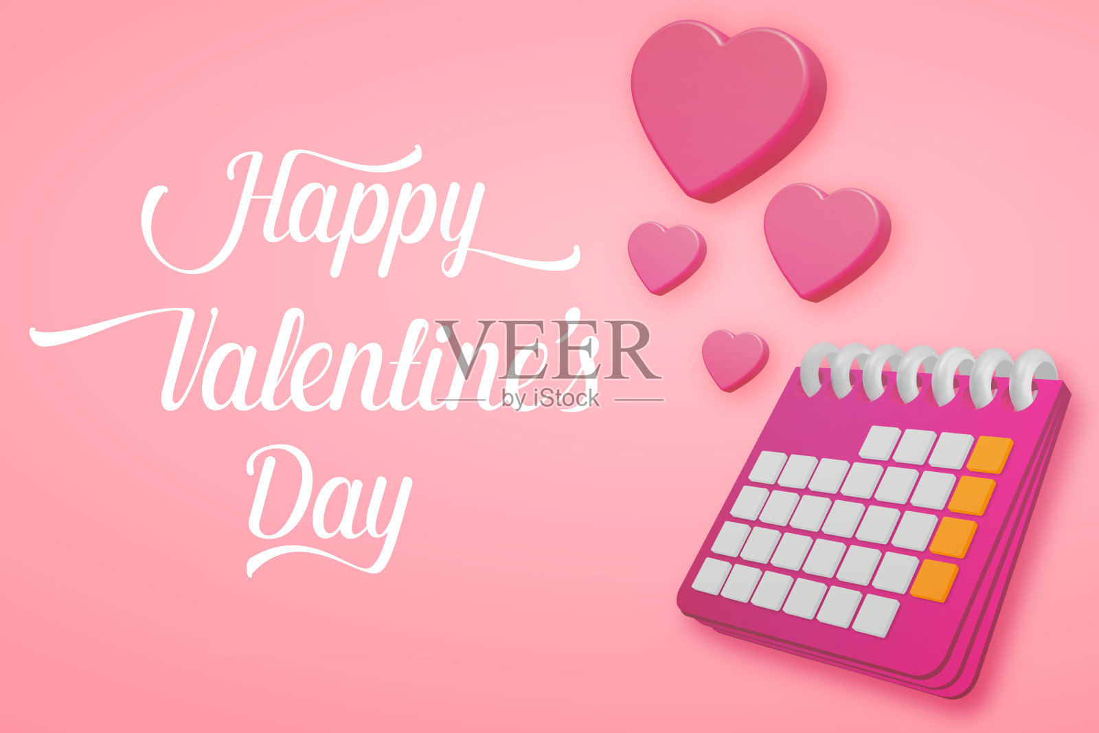 心形日历。情人节矢量浪漫的横幅与日历和爱情的象征。三维矢量插图的创意和创意设计。插画图片素材