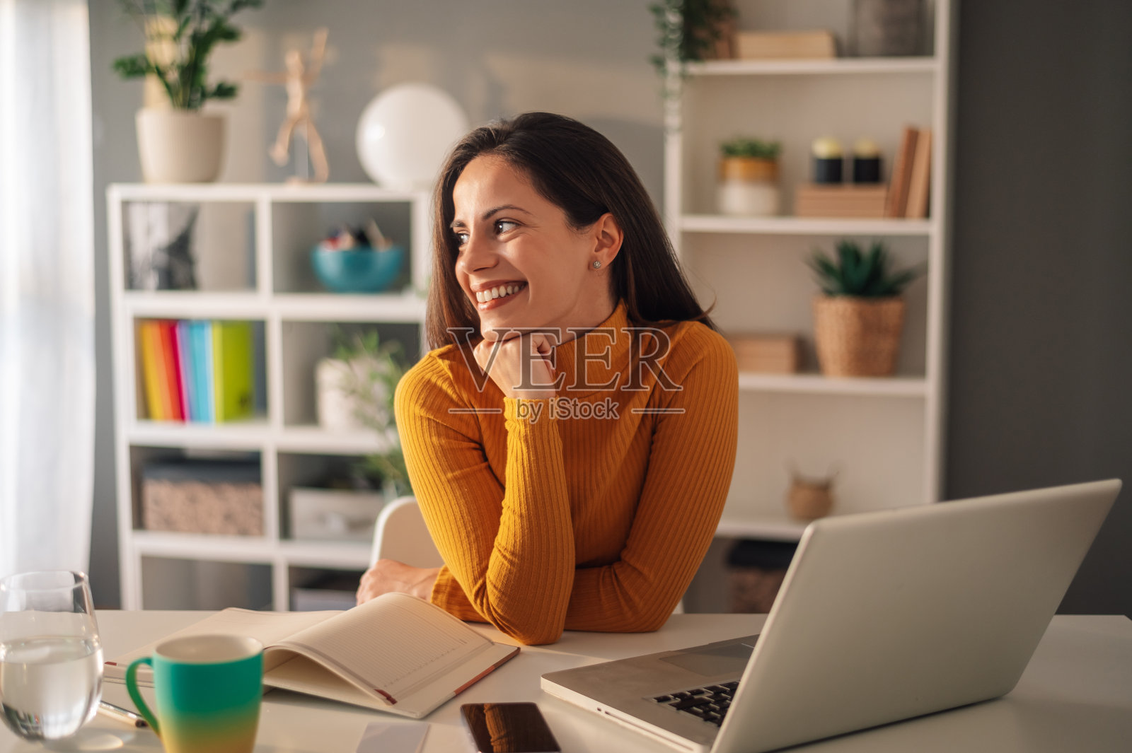 年轻的女商人在家工作，桌上放着笔记本电脑和文件照片摄影图片