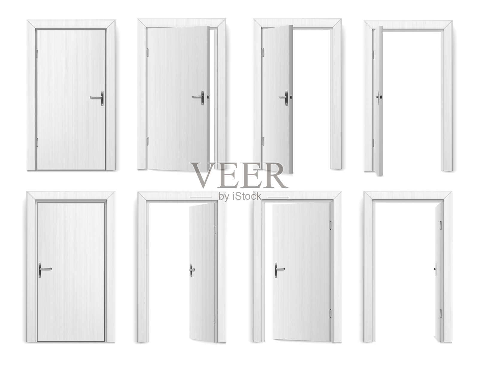 关闭或打开的门，入口有门框的逼真门道。带旋钮或手柄的矢量隔离木门，用于关闭和打开。公寓或住宅的室内设计和建筑插画图片素材